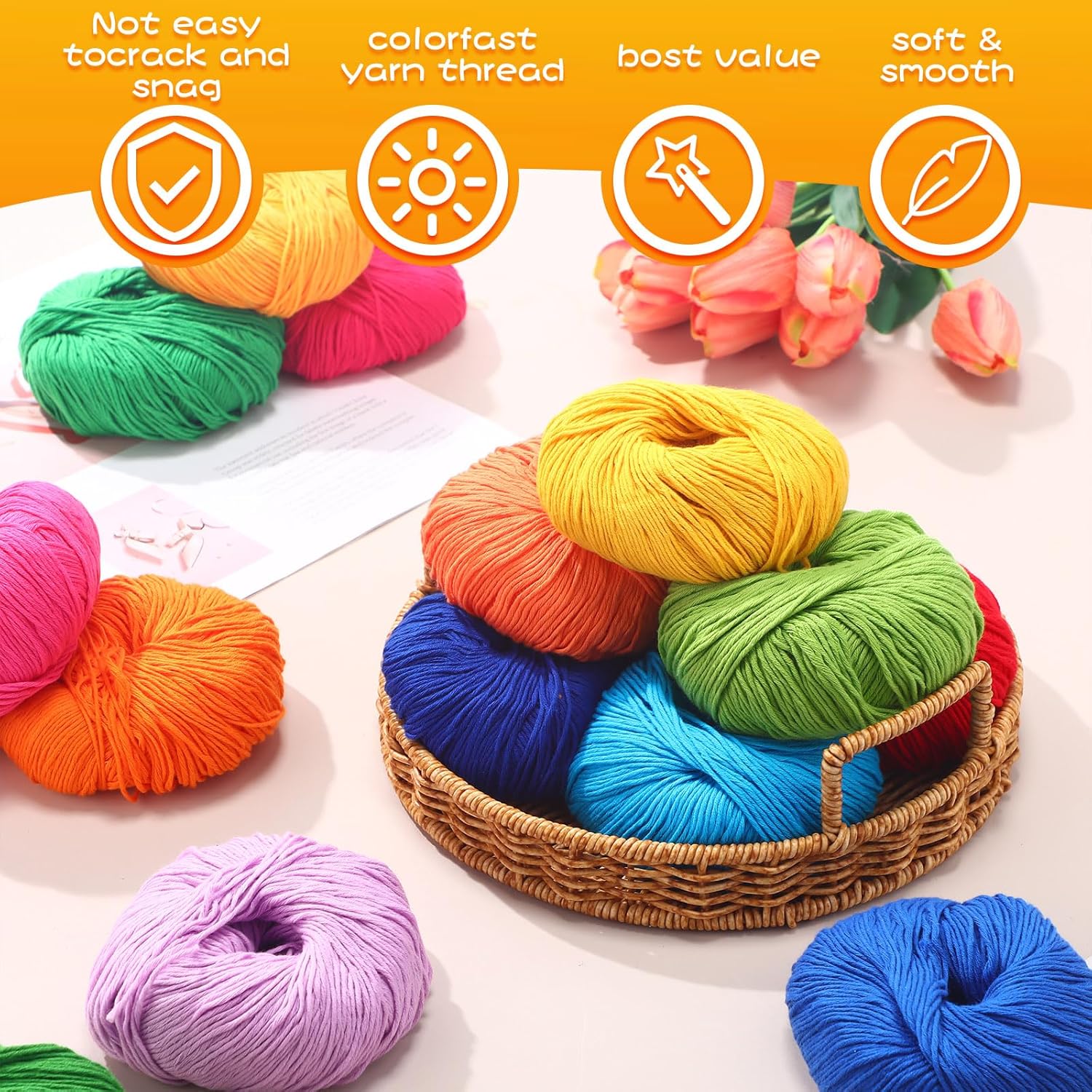 16 Skeins Cotton Yarn for Crocheting Knitting Soft Fine Clothes Cotton Blankets Yarn Bulk Assorted Colors for DIY Craft, Each 50g/185yard, 16 Colors(Classic Colors)