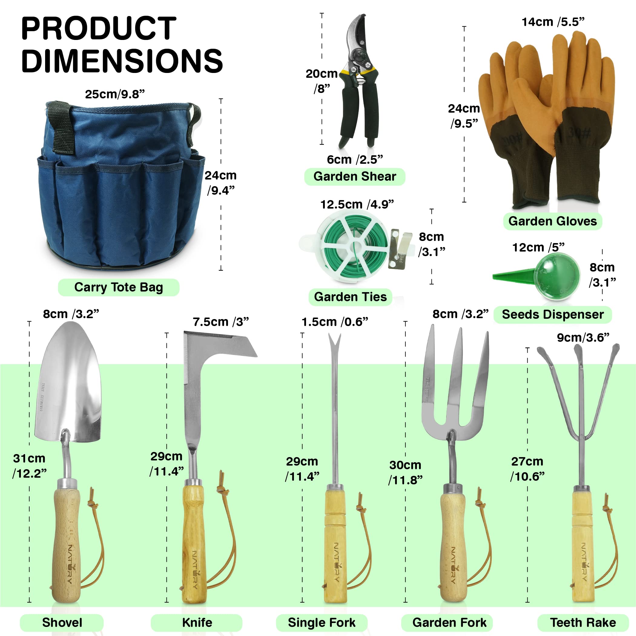 Juego de herramientas de jardín - Herramientas manuales de jardinería de acero inoxidable premium con mango de madera de haya maciza, kit de jardinería con rastrillo, pala, guantes