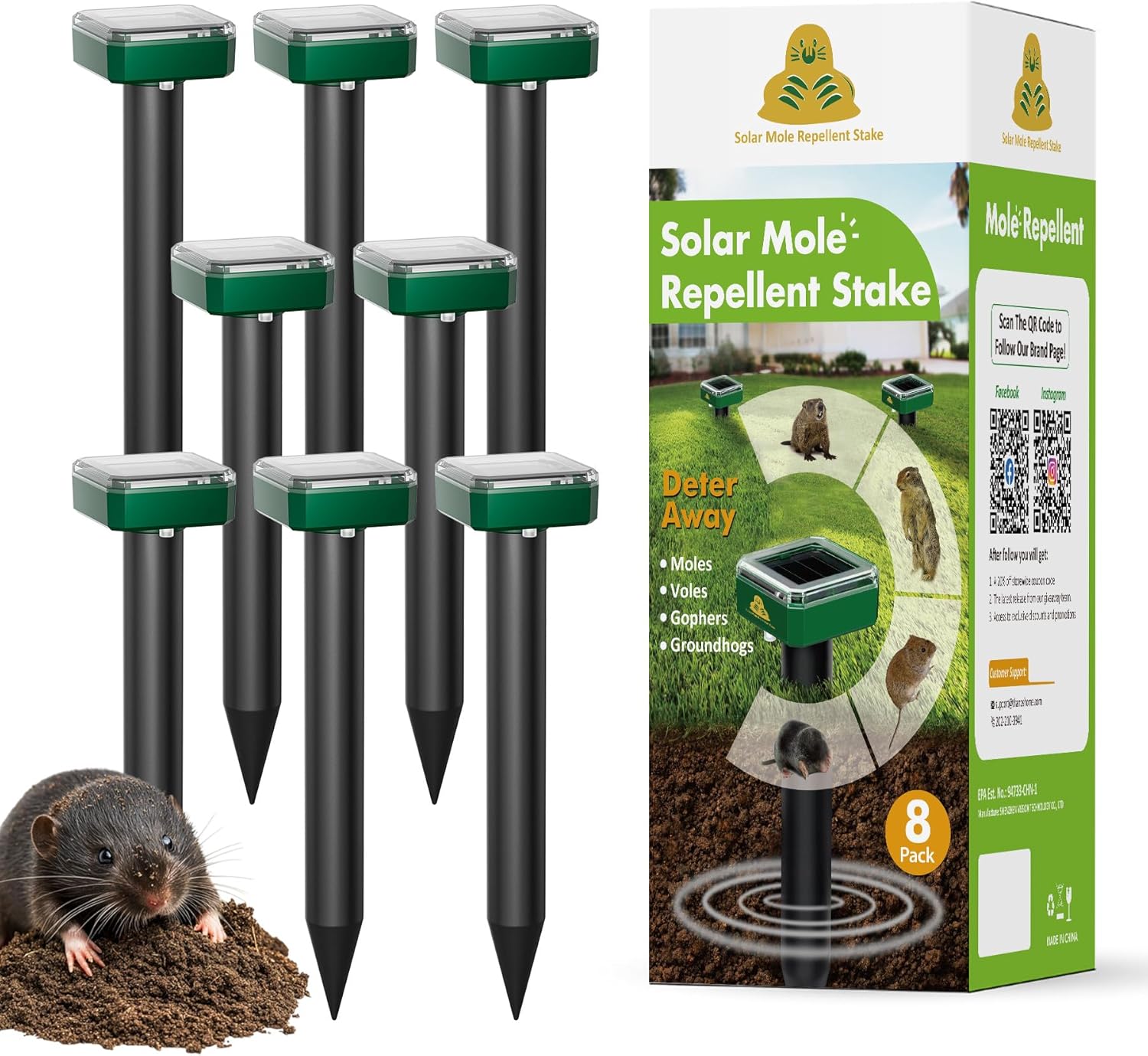 4 Pack Mole Repellent for Lawns Solar Powered Groundhog Spikes, Ultrasonic Mole Stakes for Yard, Waterproof Gopher Repellent to Get Rid of Chipmunk, Vole and Snake for Garden