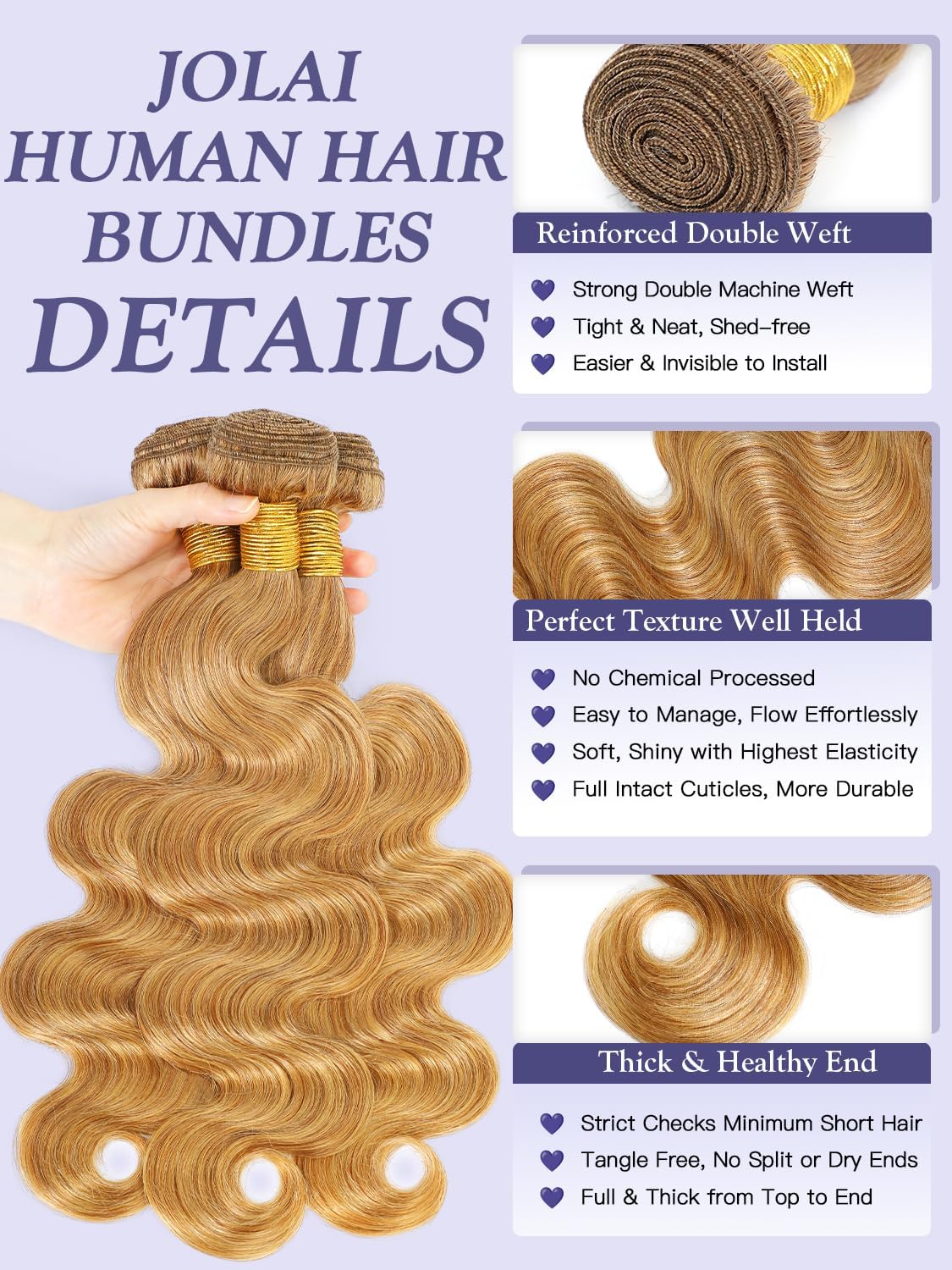#27 Honey Blonde 3 Bodywave Human Hair Bundles with Closure 12 14 16+10 Inch, Light Golden Blonde Soft Thick Sew In Weave 100% 12A Grade Brazilian Human Body Wave Bundles and 4x4 HD Closure, Color 27