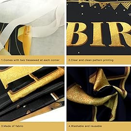 Large Happy 75th Birthday Decoration Banner, Black and Gold Happy 75th Birthday Banner Sign, 75th Birthday Party Decorations Supplies(9.8x1.6ft)