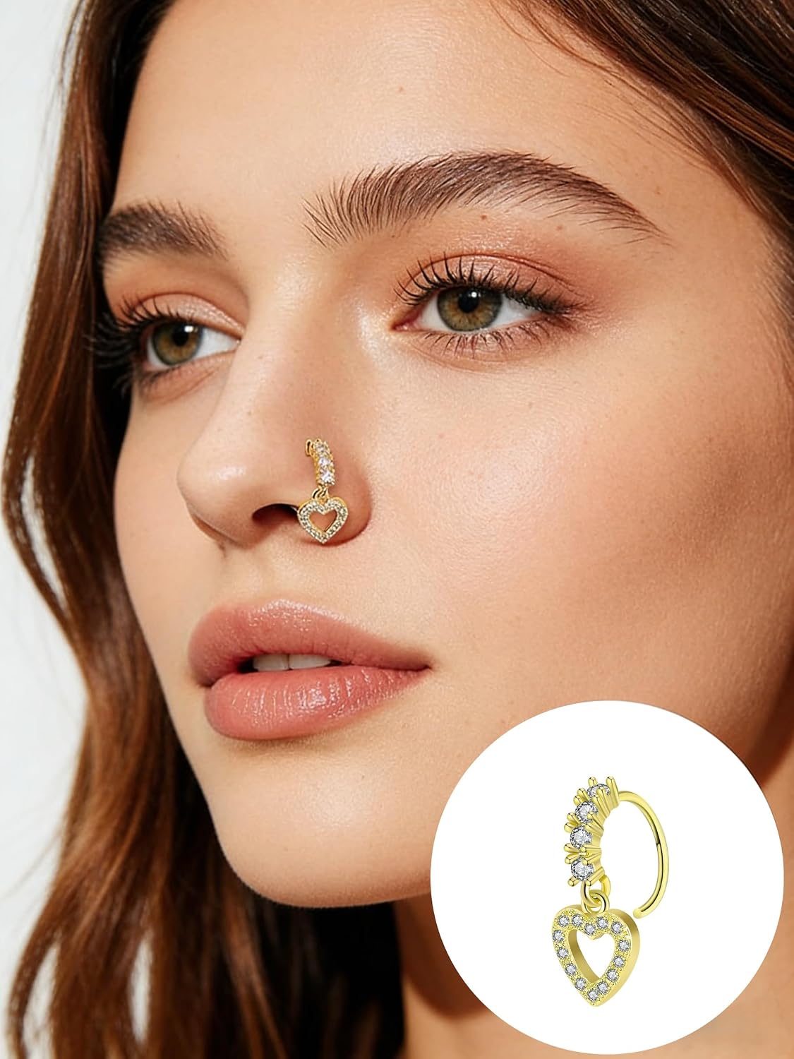G&O JFU 12Pcs Nose Rings for Women Men - 20G Gold Plated Stainless Steel Hypoallergenic Nose Hoops & Studs, L-Shaped & Corkscrew Heart Butterfly Flower CZ Dangle Nose Piercing Jewelry