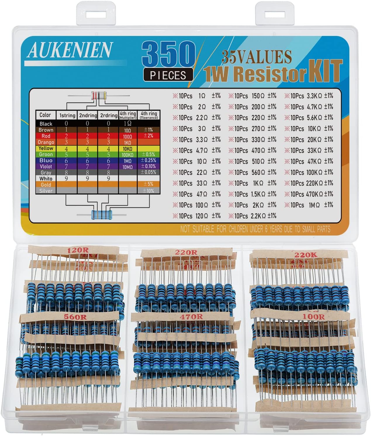AUKENIEN 35 Values Electronic Resistors Kit 1W Metallic Film Resistance 1 Ohm-1M Ohm with 1% Set of Resistors