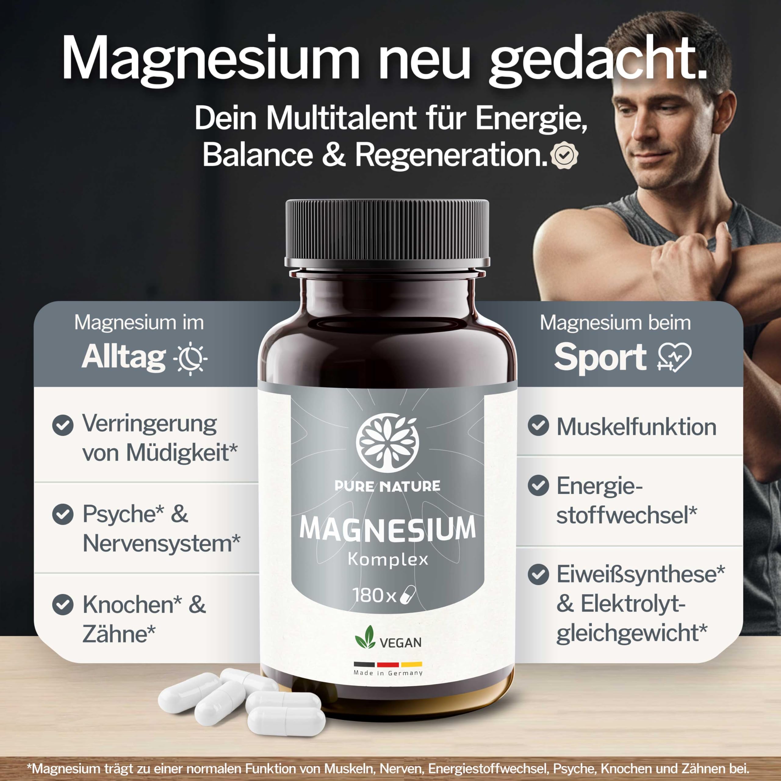 Magnesium Komplex hochdosiert - 400 mg - 180 Kapseln - 7in1 Komplex mit Magnesiumbisglycinat, Magnesiumcitrat, Magnesiummalat, Magnesiumtaurat - vegan - laborgeprüft - ohne Zusätze