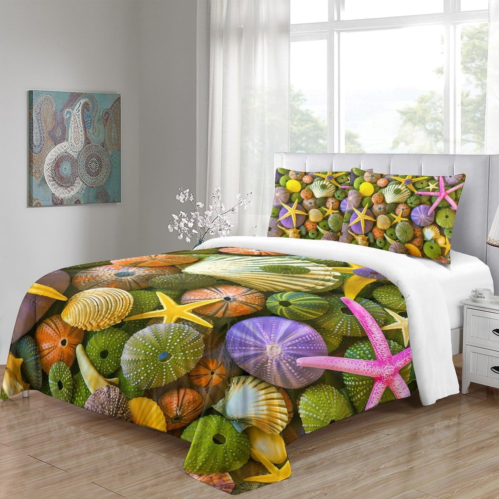 Stampa 3D Sea shells Copertura per letto Microfibra Biancheria per letto Con federa Traspirante Ocean decor style Fodera copriletto Leggero per giovani coppie coinquilini Super king（260x220cm）