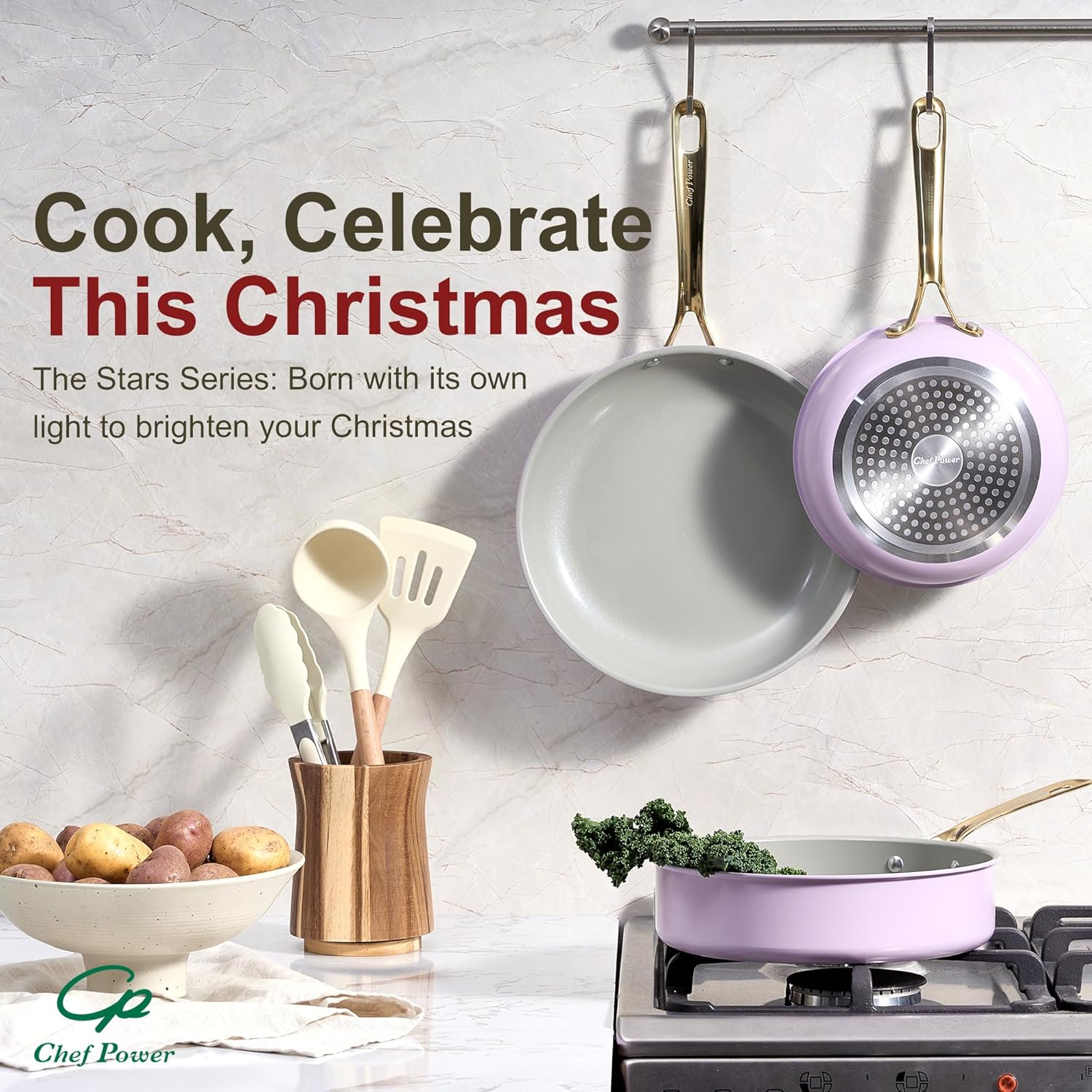 Chef Power Ceramic Frying Pan with Stainless Steel handle 5Pcs Set, Non Stick Grill Pan Set, Dishwasher and Oven Safe, Light Purple and Granite Grey