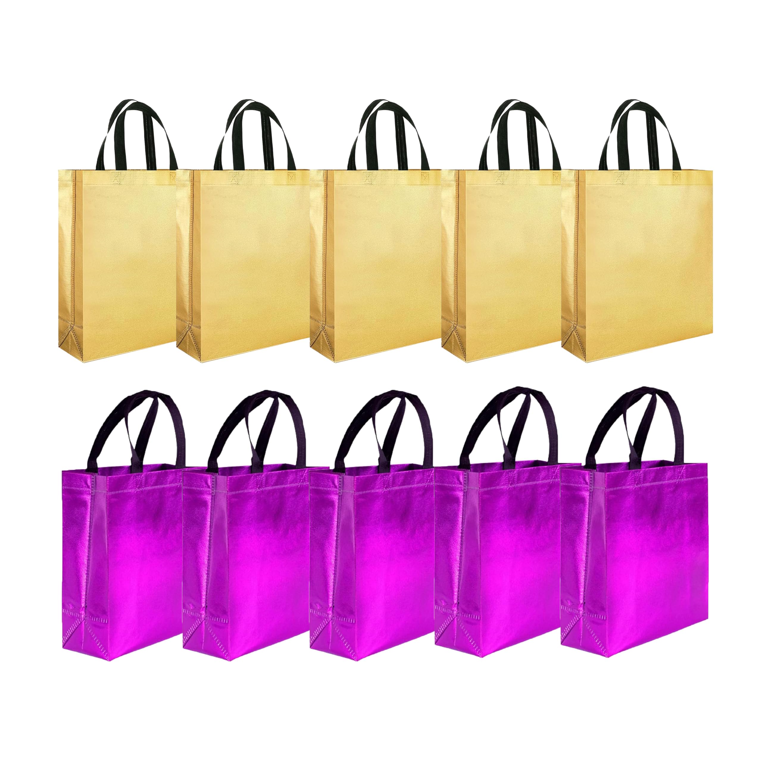 Evafly Gift Bag Medium Size Pack of 10 : L13 x W12 x D4 inch|Resuable Non-Woven Shiny Metallic Laminated|Return Gift For Haldi/Wedding Favours/Baby Shower/Birthday|2 colors|Golden + Pink