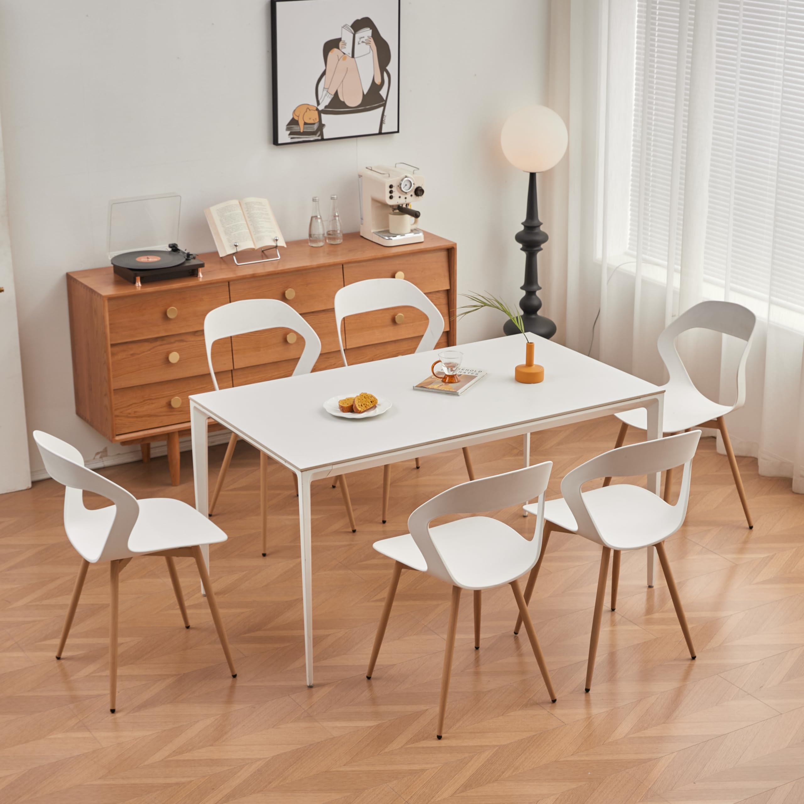 Juego de 6 sillas de Comedor, Sillas de Cocina, Respaldo Hueco, Patas de Hierro de Grano de Madera Resistentes y duraderas (Blanco, 6)