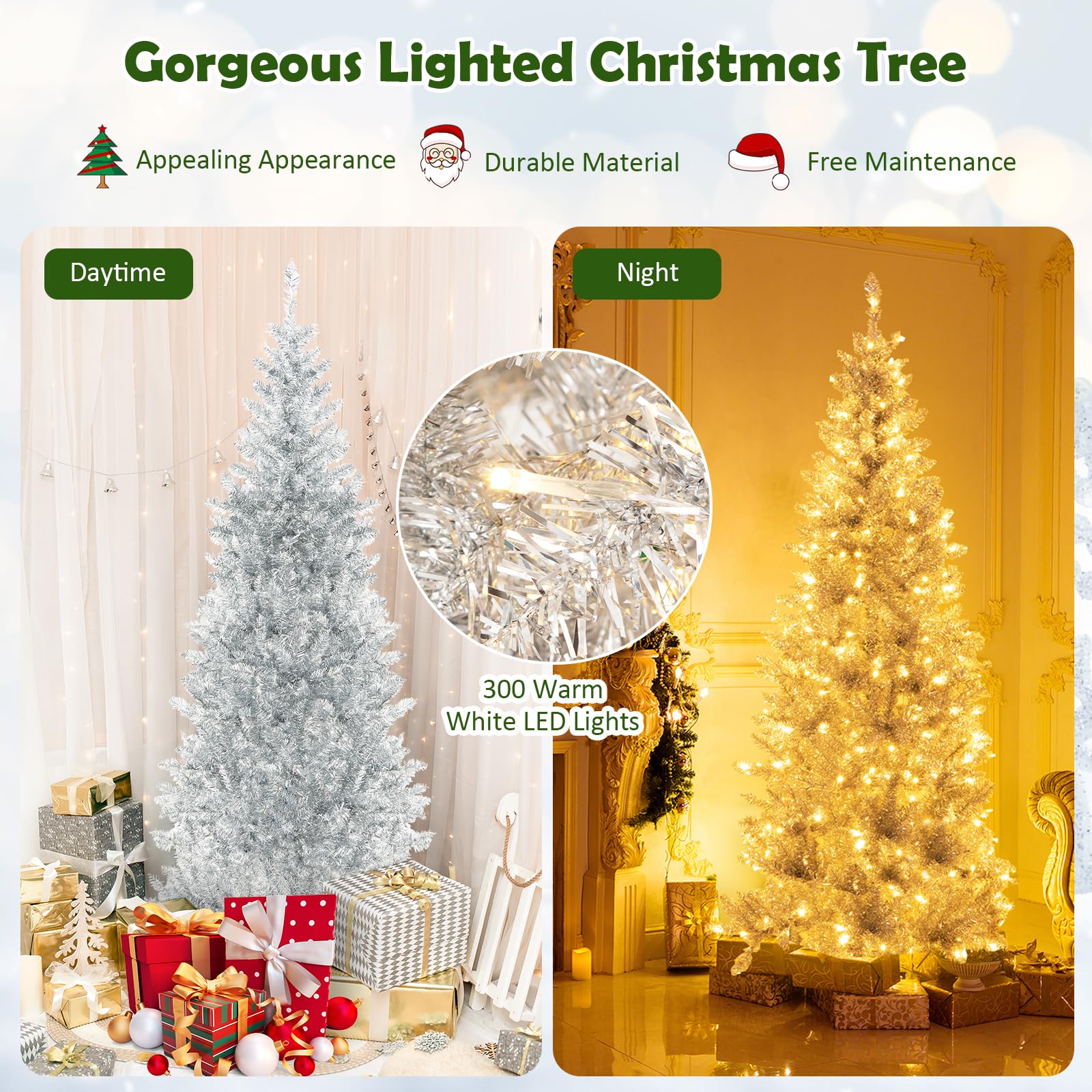 Albero di Natale Pino Verde Innevato H 210cm x L 150cm Super Folto Effetto Real-Touch con 2500 Luci Led Incorporate e Base Croce in Ferro Pieghevole