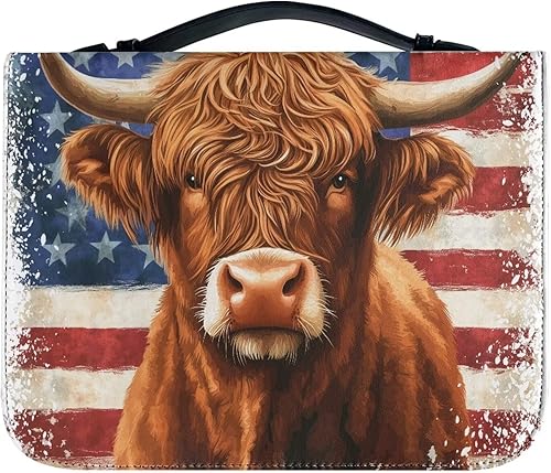 Cozeyat American Flag Bible Cover Large Size Church Study Book Carrying Bag Highland Cow Bible Protective Case with Handle and Zippered Pocket for