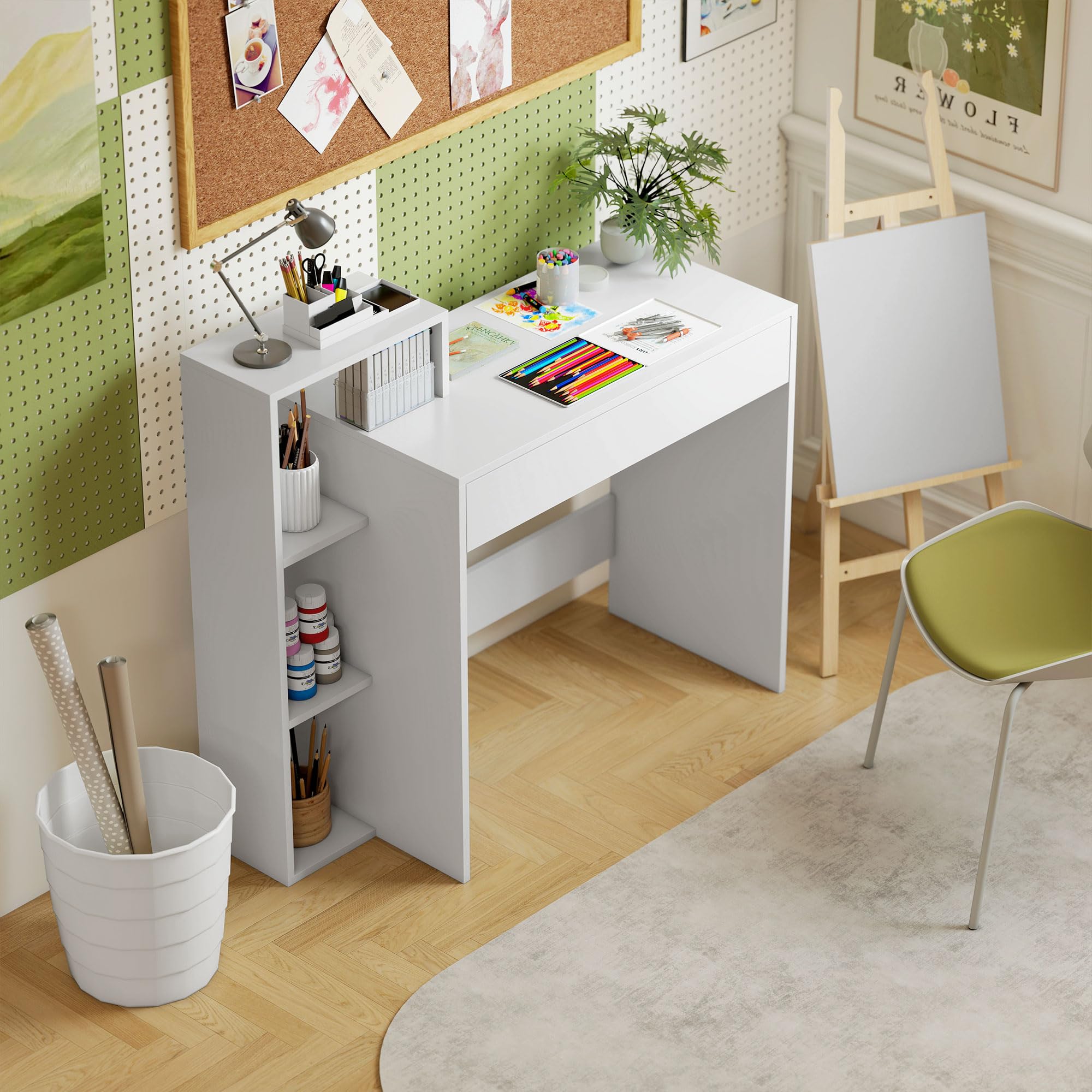 HOMCOM Scrivania Salvaspazio Moderna con 3 Ripiani Aperti e Cassetto Grande, Scrivania con Libreria in Legno, Tavolo Porta PC per Computer, per Ufficio, Studio e Camera da Letto, 100x40x90cm, Bianco