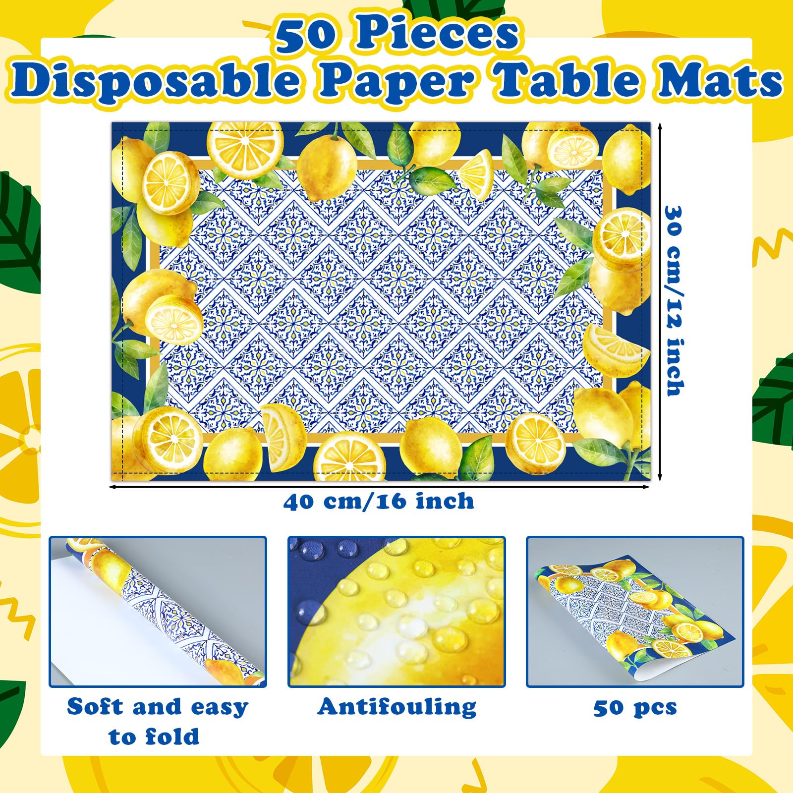 Fulmoon Paquete de 50 manteles individuales desechables de papel de primavera de 12 x 16 pulgadas, manteles individuales de papel floral Ramadán limón para fiesta de verano, mesa de comedor,