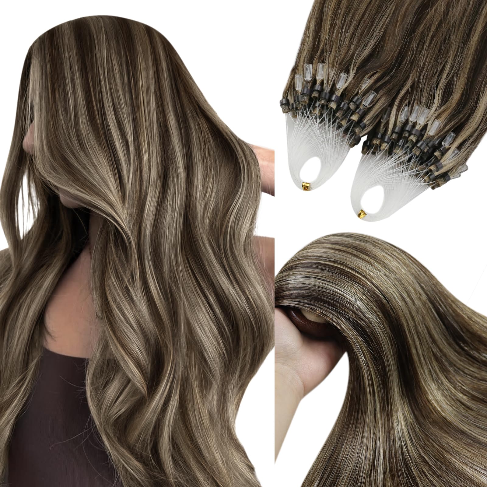 YoungSee Nano Beads Hair Extensions Blonde 14inch Nano Hair Extensions Warm Ash Blonde Highlights Bleach Blonde Nano Ring Hair Extension Highlight for Women Cold Fusion 50g Short Straight 50s — view 17