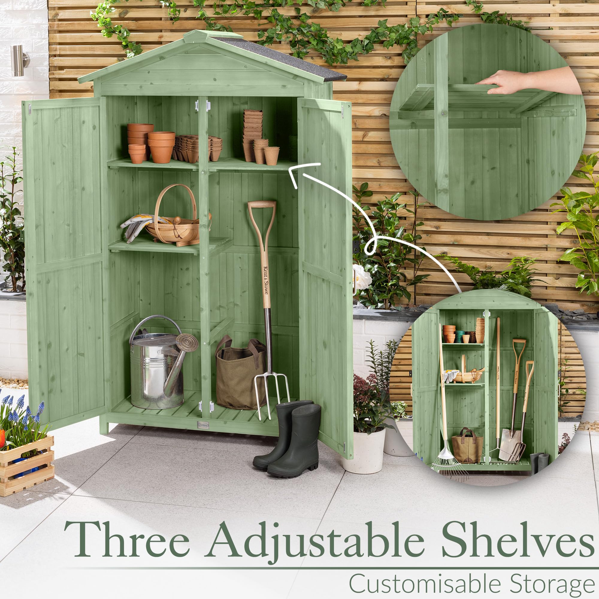 Christow Small Double Door Garden Shed – Sage Green, Tall Wooden Outdoor Storage, Slim Utility Shed, Three Configurable Shelves, Treated Wood, Lockable Doors, Sloped Roof, H166cm x W100cm x D64cm — view 2
