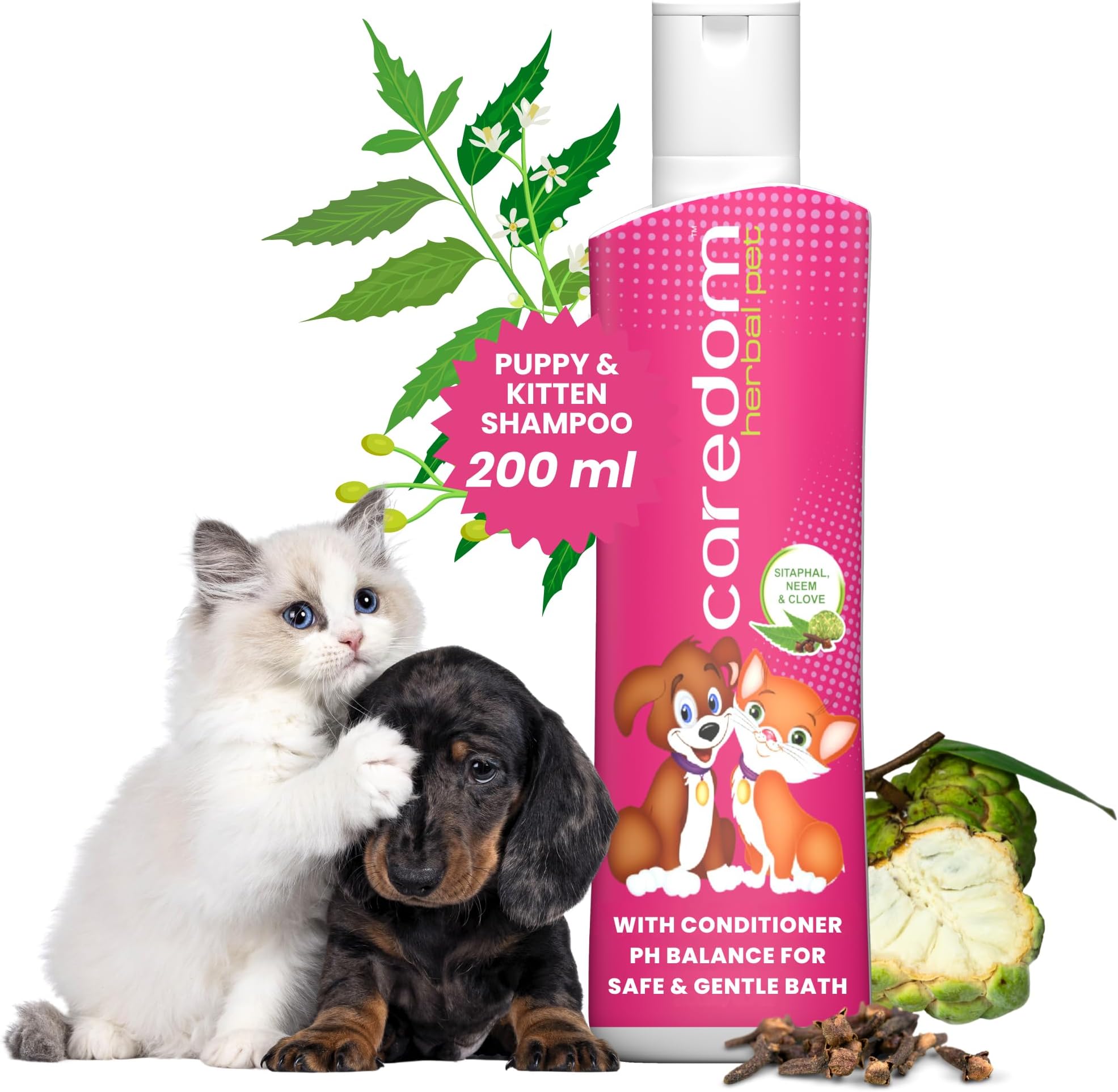 Herbal Pet Shampoo for Puppies & Kittens | Anti Ticks & Fleas Puppy Shampoo & Kitten Shampoo | Anti Itch & Anti Fungal | Allergy Relief with Natural Neem, Sitaphal & Clove Extracts (200ml)