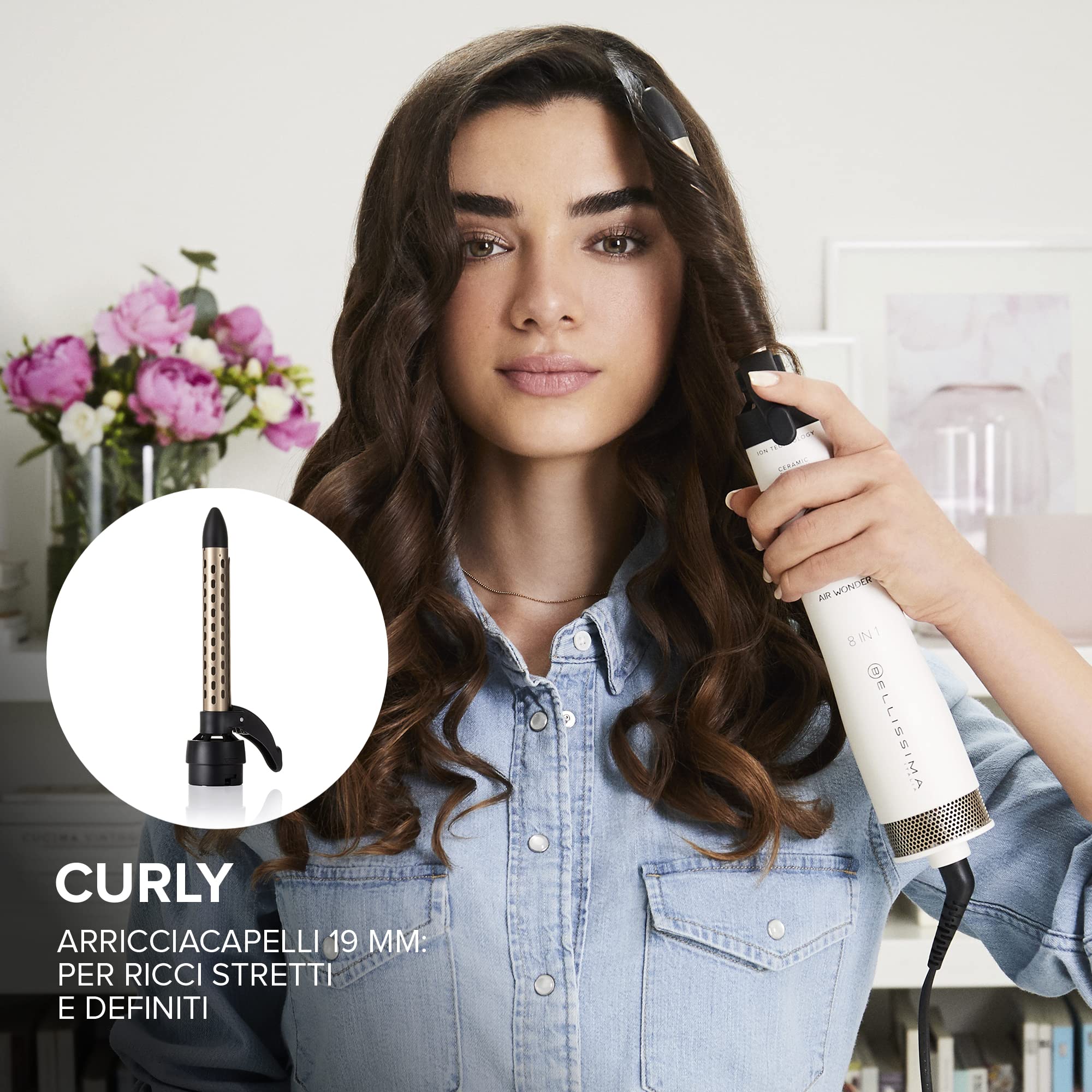 Bellissima Imetec Air Wonder, Spazzola Ad Aria Calda, Tecnologia a Ioni, Spazzole Rivestite In Ceramica e Cheratina, Asciuga, Dona Volume, 8 Accessori, 1000 W, bianco