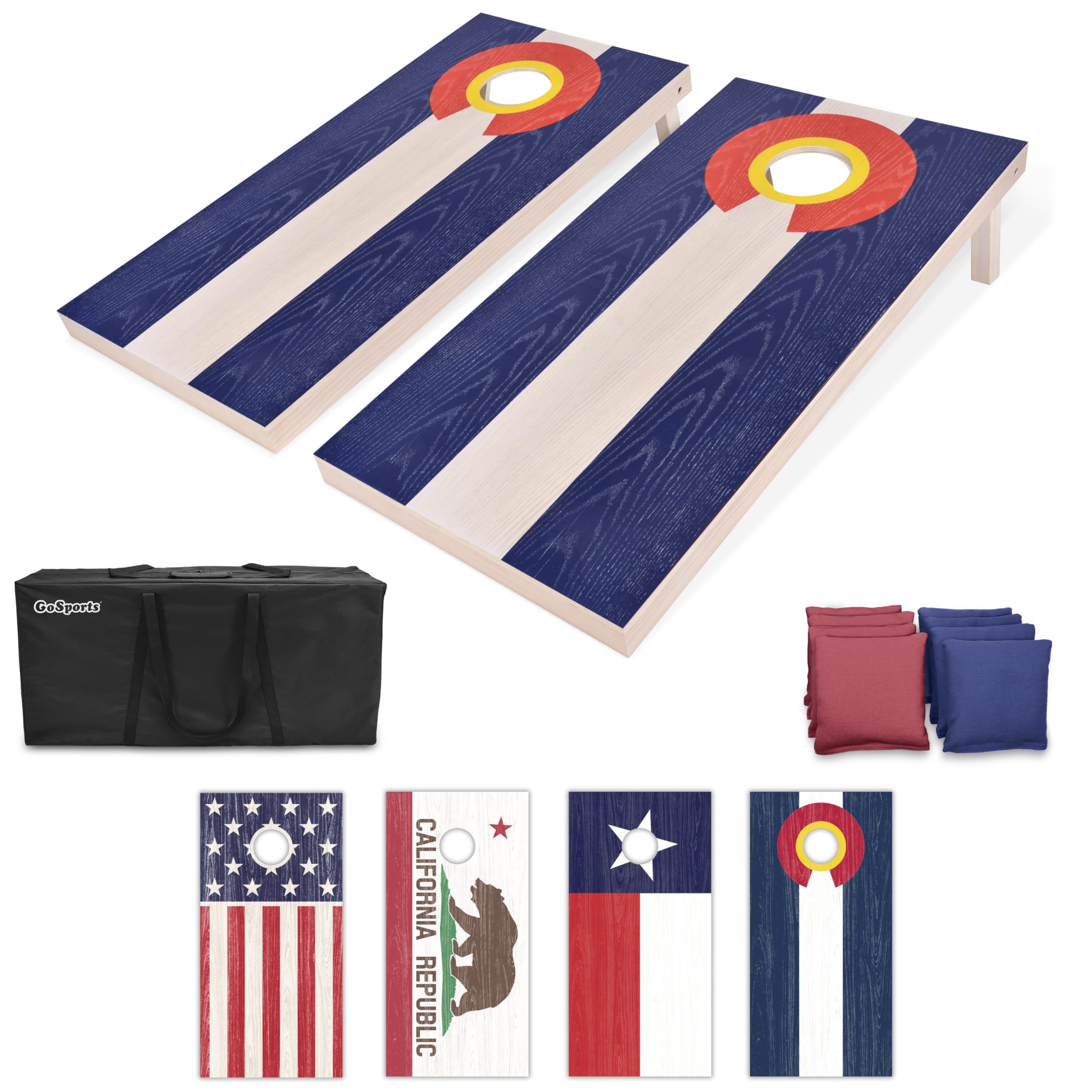 GoSports Zestawy drewnianych otworów Cornhole z serii flag – wybierz amerykańską flagę lub flagi państwowe – zawiera dwie tablice o wymiarach 1,2 m x 0,6 m, 8 worków do siedzenia, futerału i zasady