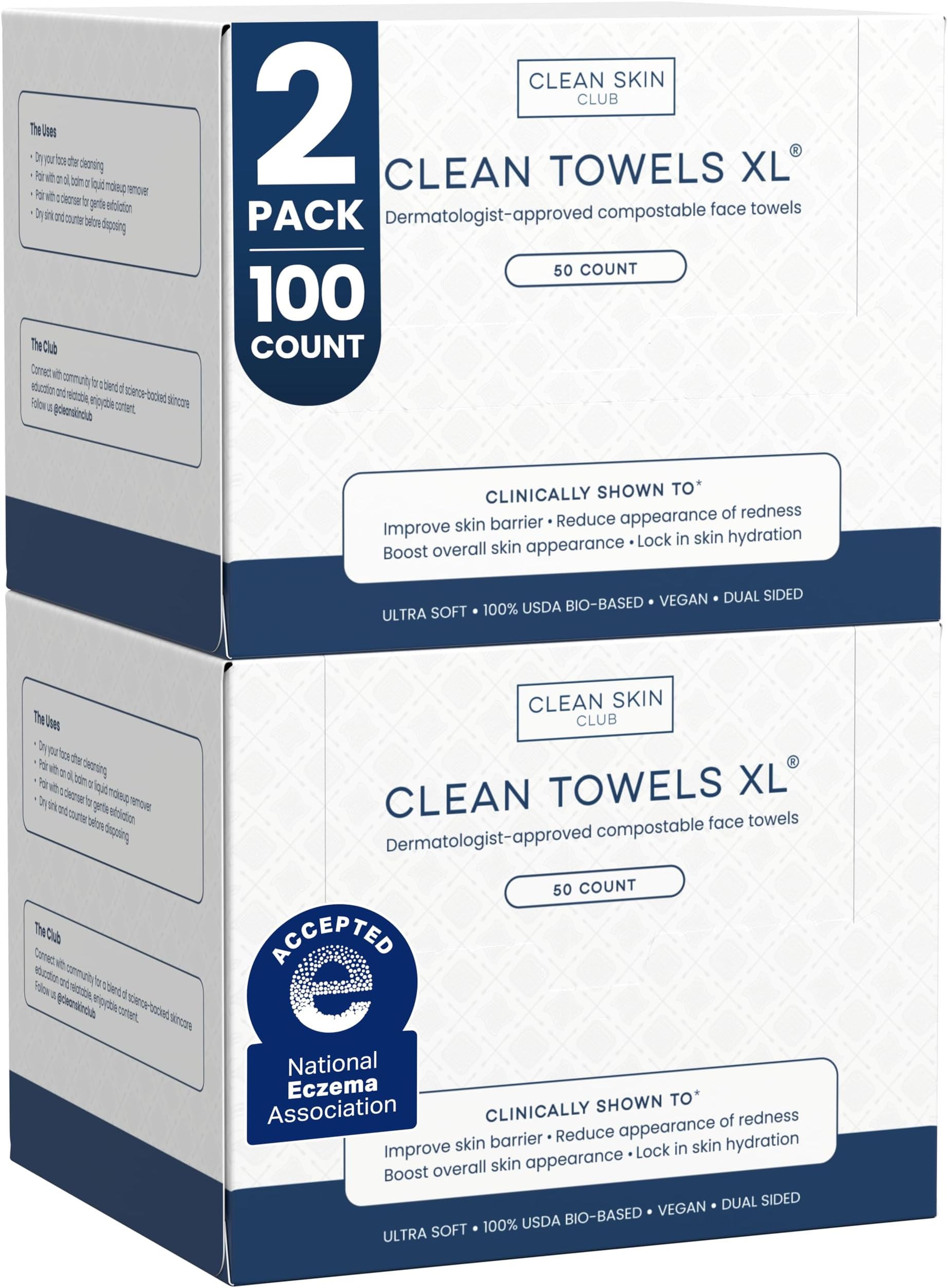 Clean Skin Club Clean Towels XL®, 100% USDA Biobased Face Towel, Disposable Face Towelette, Eczema Association Accepted, Makeup Remover Dry Wipes, Ultra Soft, 50 ct per pack, 2 Packs, 100 Ct Total