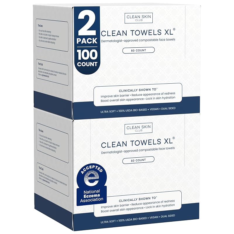 CLEAN SKIN CLUB Clean Towels XL® Toalhas Faciais Secas Descartáveis, 2 Pacotes com 100 Unidades