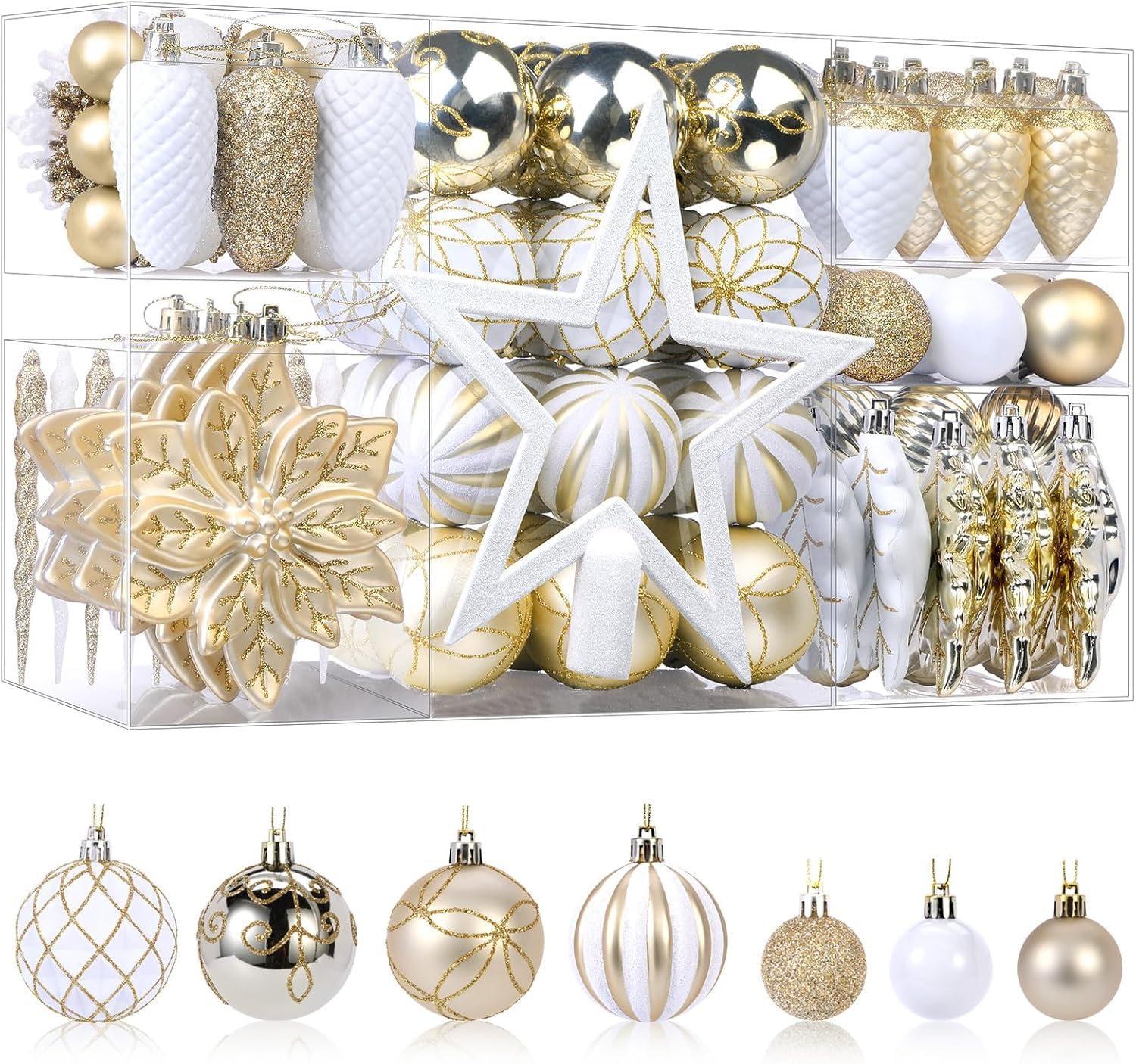 Boules de Noël incassables SHareconn : finis les débris de verre, lot de 106 suspensions or et blanc