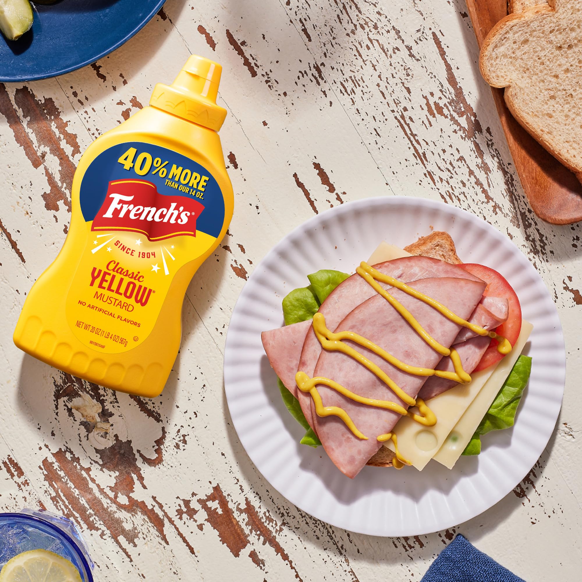 French's Mostaza amarilla, clásica, semillas de mostaza de grado #1 molidas en piedra, producto de los Estados Unidos, sin gluten, sin sabores artificiales, para hamburguesas, mocosos, perros