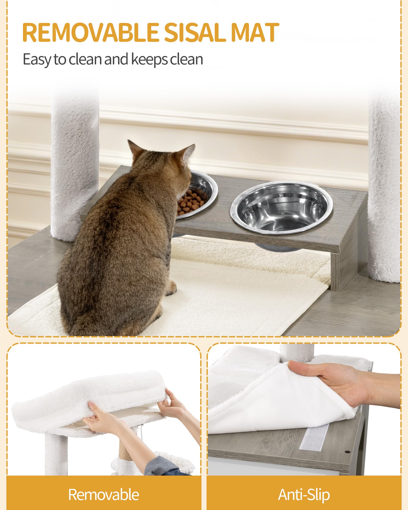 Hzuaneri Arbre à Chat avec Meuble Litiere Chat, 150 cm Haut, Sisal, Grège | Mangeoire, Maison de Toilette Chat, Grande Plateforme, Colonne Balles Peluche, Coussin Lavable, Balles en Peluche, CB88405WT