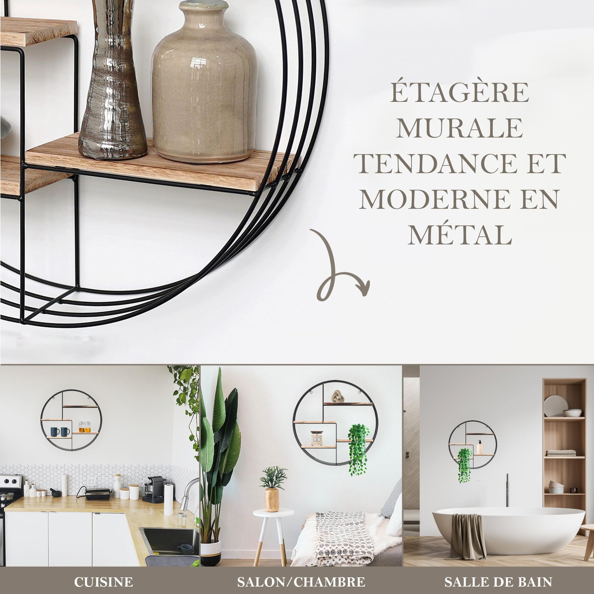 Vivol Etagere Murale Ronde en Métal Noir - 4 Tablettes en Bois - 50x11 cm