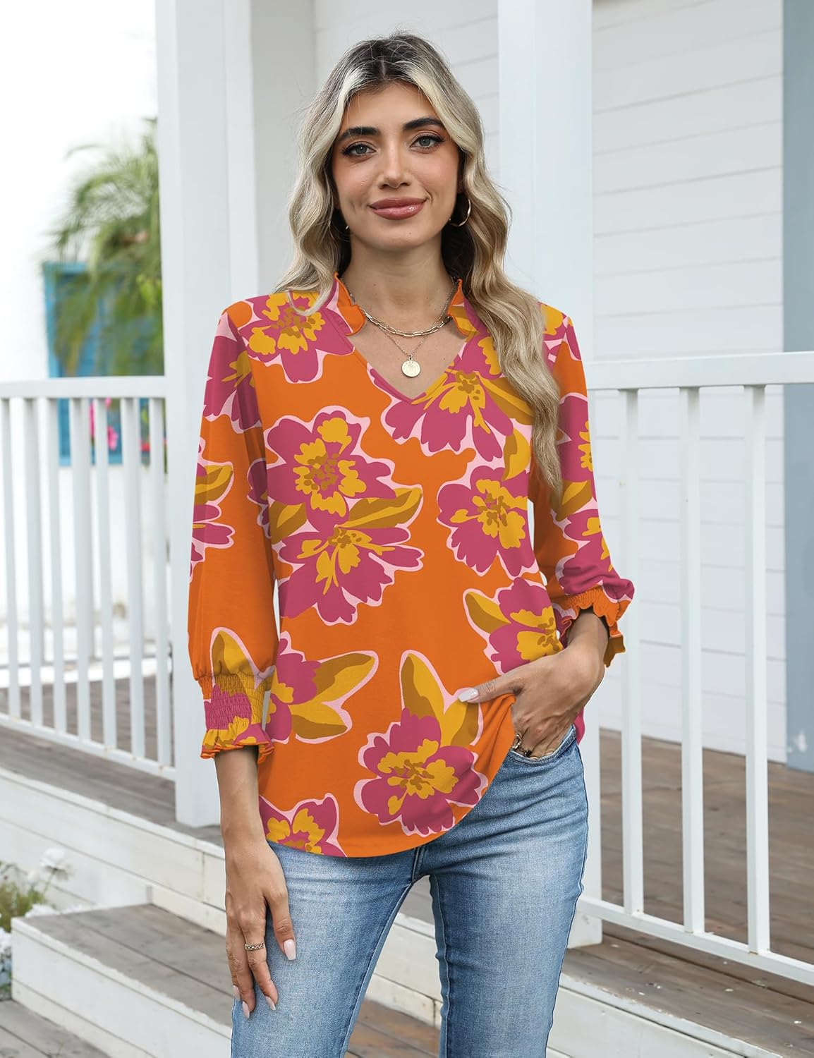 Kistore Tops for Women Dressy Casual 3/4 Length Sleeve Blouses with Pleated Cuffs 2026 Trendy Shirts - Image 4