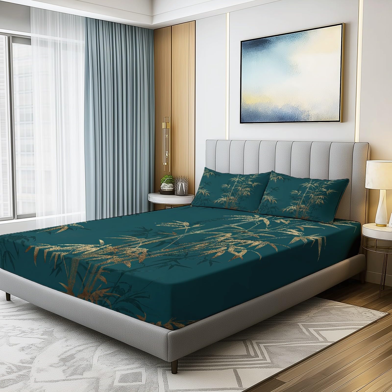 Sábanas Ajustables 180 x 200 cm Sábanas Estampadas con Bambú Dorado Estilo Tradicional Chino hexagonales Elástico en Todo el Contorno, 30 cm de Profundidad, Microfibra hipoalergénica Azul Marino