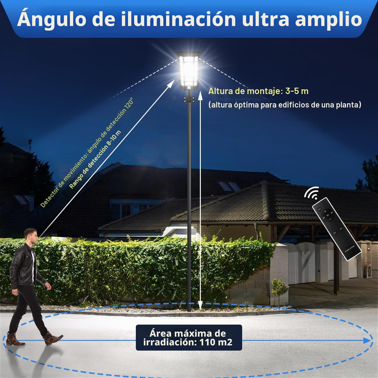 Viugreum 2000W LED Farolas Lámpara Solar Exterior con Mando a Distancia, 6500K Foco Solar Exterior con Detector, 66cm Panel Solar IP65 Impermeable LED Farola Solar para Jardín, Patio y Calle