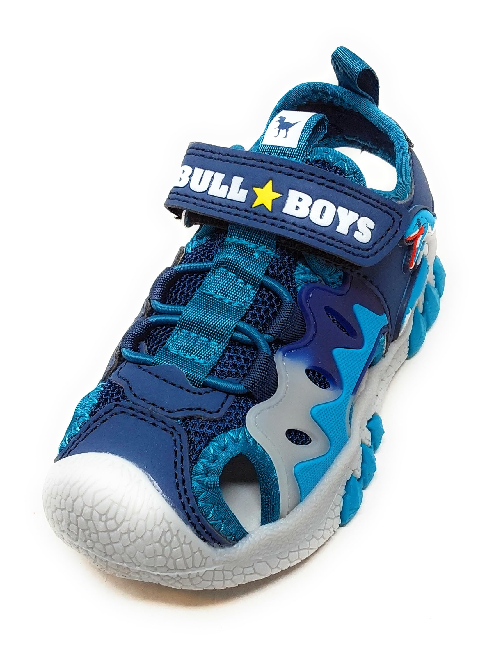 Bull Boys Sandalo DNCL5192 blu Mosasauro a punta chiusa,Luci LED,Suola Ammortizzata con Impronta Dinosauro,A Strappo
