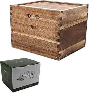 Wooden Recipe Box with Cards and Dividers - 4x6 Recipe Cards and 5x7 Box Set | Recipe Holder with 50 Card & 20 Dividers | Acacia Wood Large Recipe Card Box w/Label Stickers