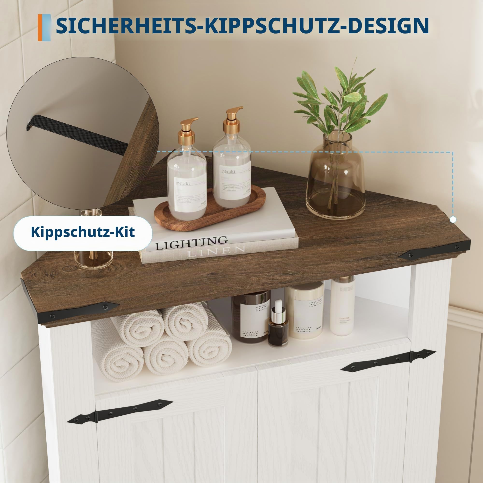 Kompakter Eckschrank Für Badezimmer, Modernes Badmöbel Mit Türen Aus Holz, Vielseitig Einsetzbar Als Badschrank, Küchenschrank Wohnzimmerregal, Möbel 56×38×82 h cm, Weiß