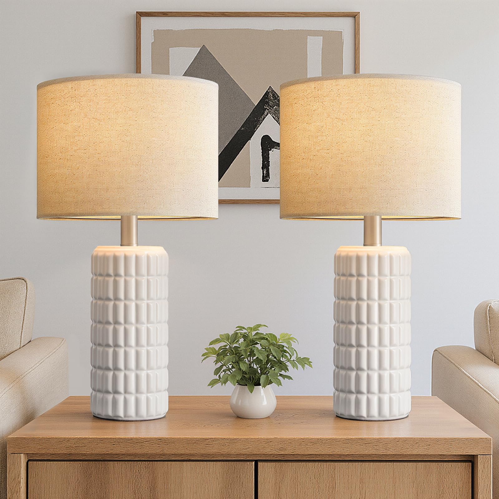 Seealle 23" Modern Ceramic Table Lamps Set of 2 - Table Lamps for Living Room, Farmhouse Bedside Night Stands Lamp for Bedroom, White Nightstand Lamps Set of 2,