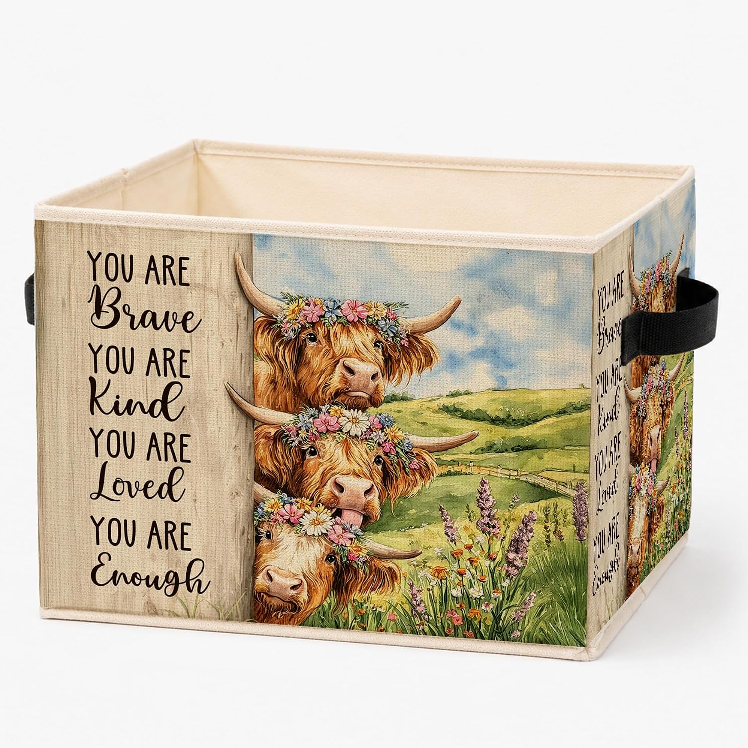 Inspirational Highland Cow Storage Bins Box, Rustic Floral Meadow Cow Foldable Storage Basket with Handles for Farmhouse Bedroom Bathroom Home Toys Clothes Books Organizer