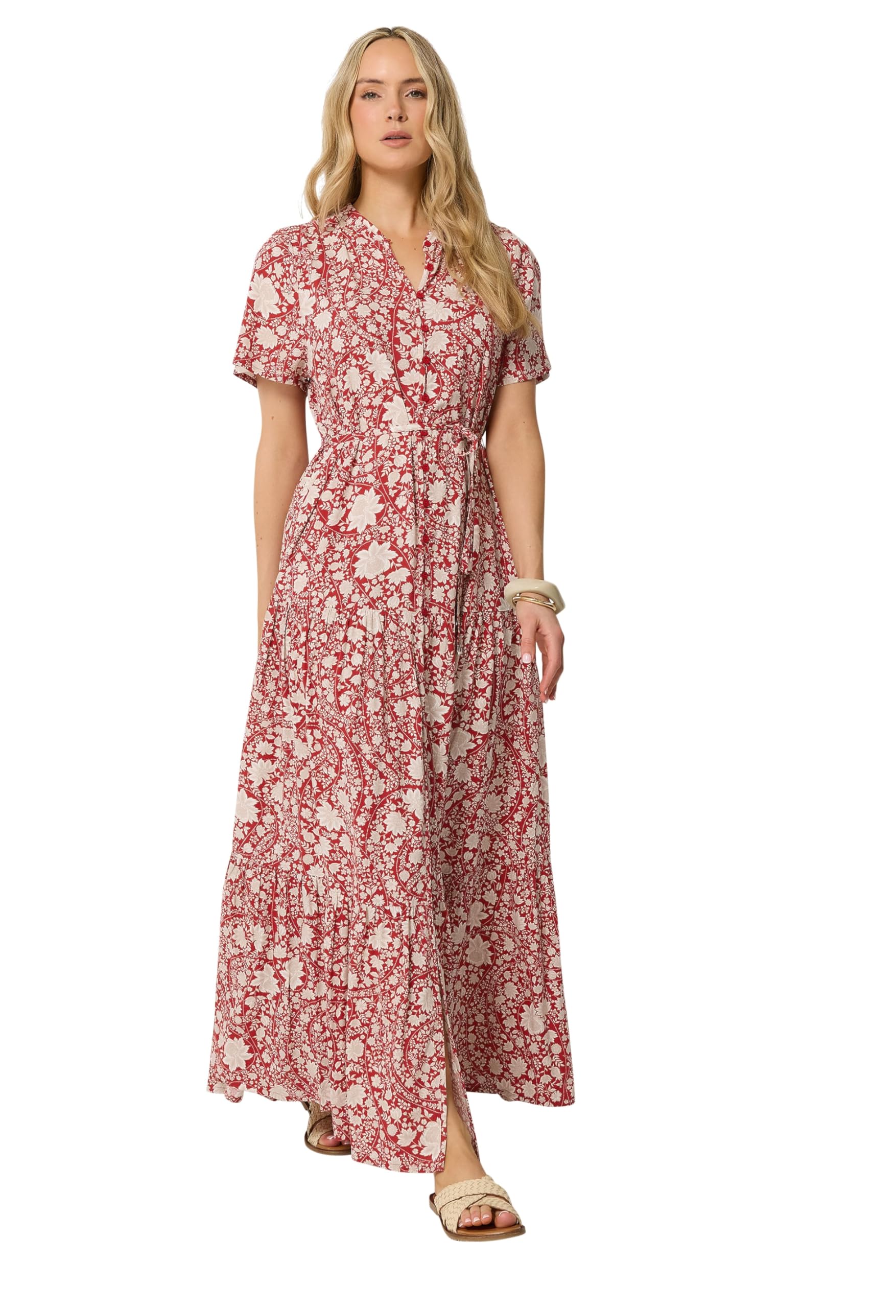 Long Tall Sally Women's Red Tall Floral Tie Waist Maxi Dress In Size 14