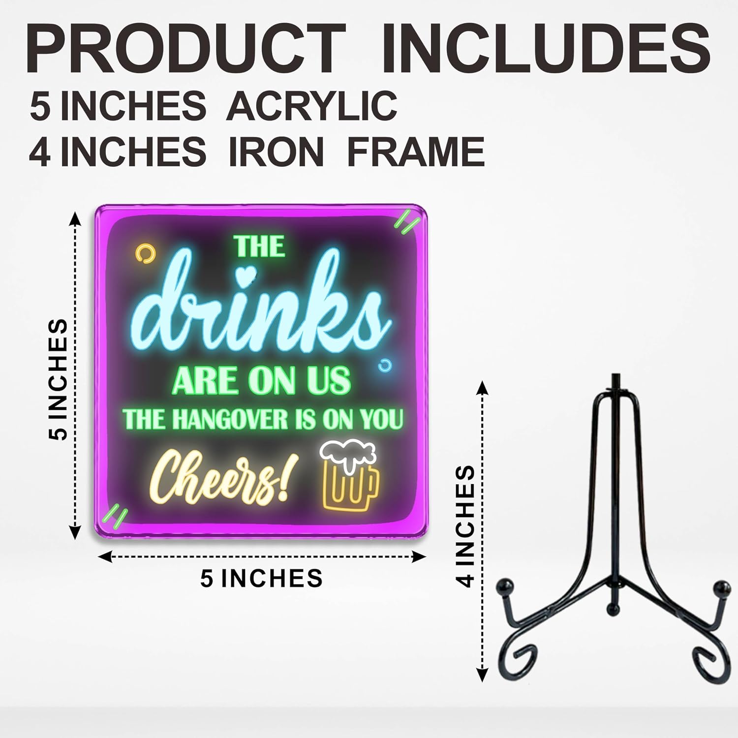 Funny Bar Sign with Metal Stand, 5x5 Inch Neon Acrylic Plaque "The Drinks Are On Us The Hangover Is On You", Unique Wedding Favors & Groomsmen Gift, Bachelor Party Decor (Purple)-A10 image 2