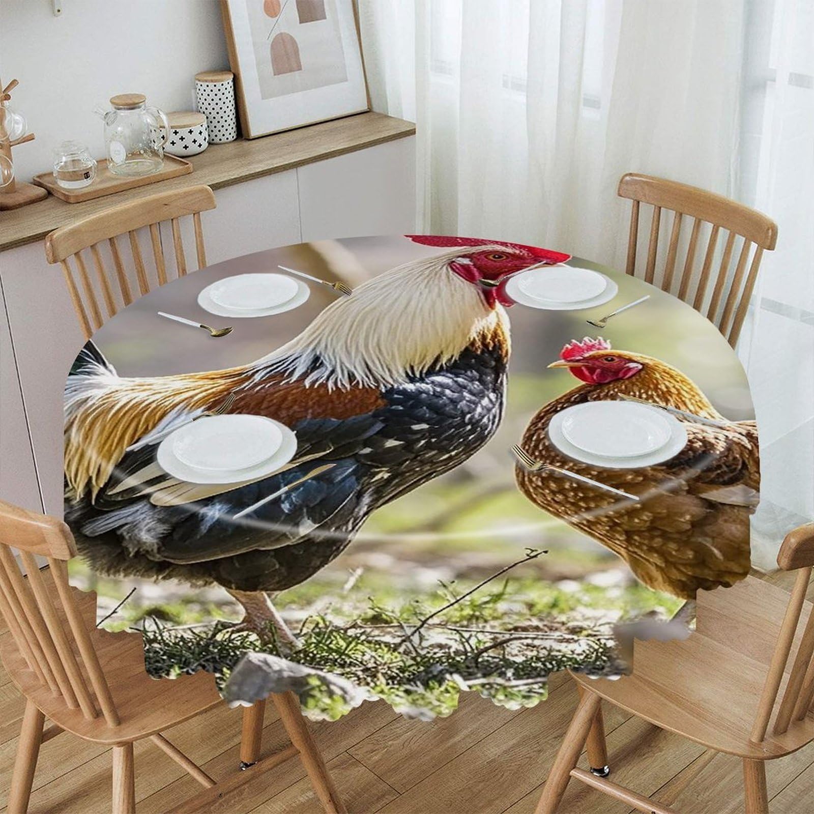 FekiLoot 60 Inch Round Rooster and Hen Tablecloth Waterproof Heavy Duty Polyester Table Cloth Spill-Proof Wipeable Table Cover Decorative Circle Dining Tablecover for Party Outdoor