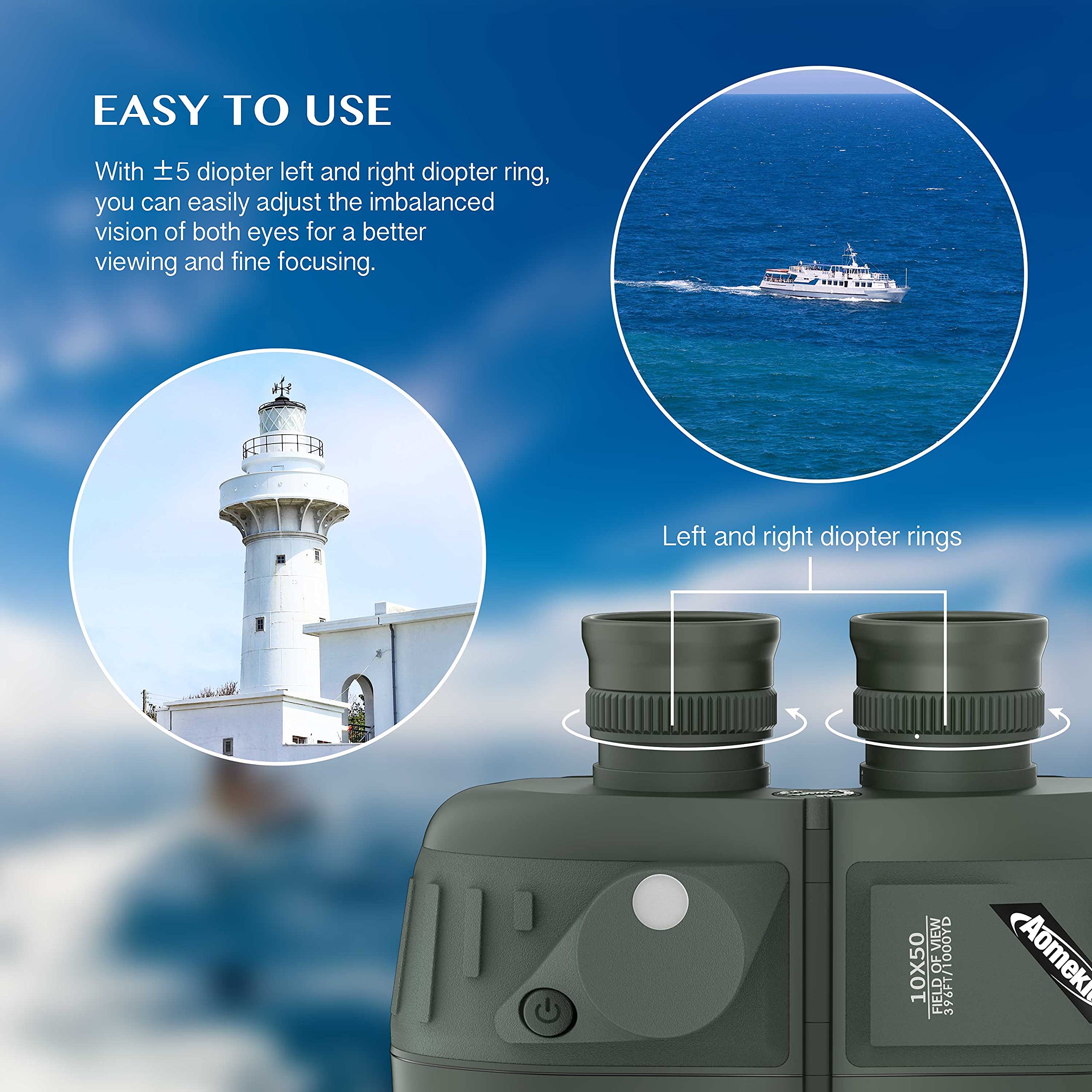 Aomekie Binocolo Professionale 10x50 Impermeabile Militare Professionale Con Bussola Multifunzione Oscillante Adatto Al Bird Watching Caccia Vela Con Tracolla e Pacchetto