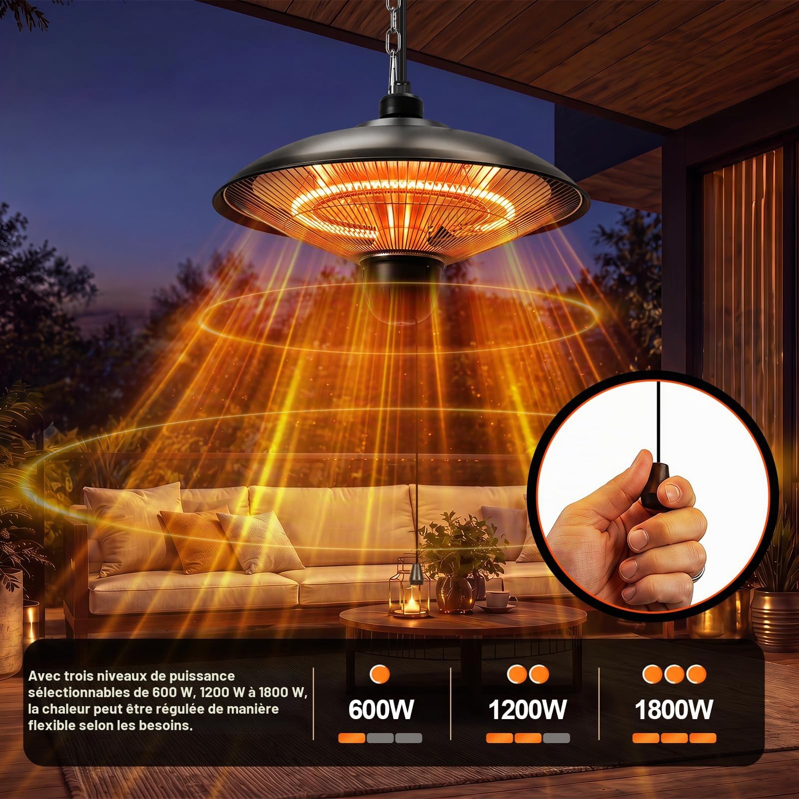 Fiqops Chauffage radiant, Chauffage extérieur pour jardin 2000W, chaîne, télécommande, chauffage infrarouge pour terrasse, balcon ou restaurant, chauffage radiant extérieur IP24 étanche.