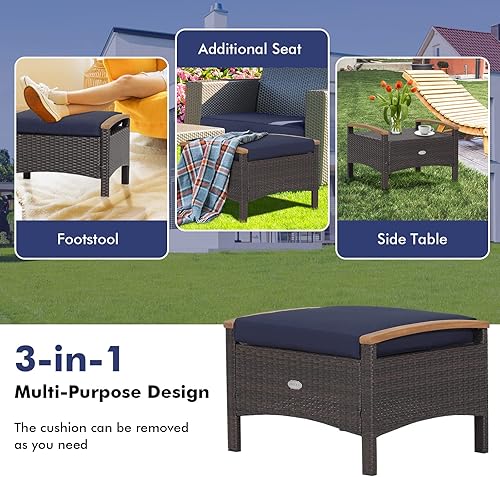 Miniatura 8 de Tangkula Otomanas de ratán de 2 piezas, reposapiés de mimbre para exteriores con asas de madera de acacia, cojines suaves con cremallera, reposapiés