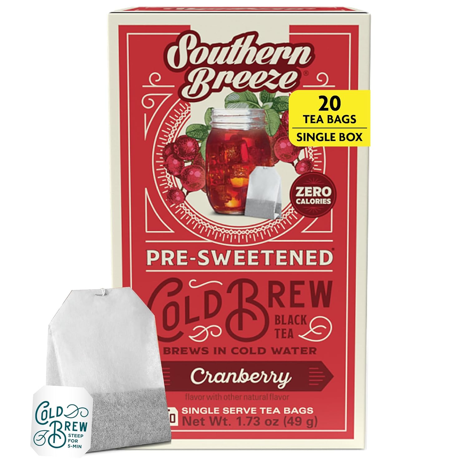 Southern Breeze Cold Brew Sweet Tea Cranberry Iced Tea with Black Tea and Zero Carbs Zero Sugar, 20 Individually Wrapped Tea Bags Pack of 4
