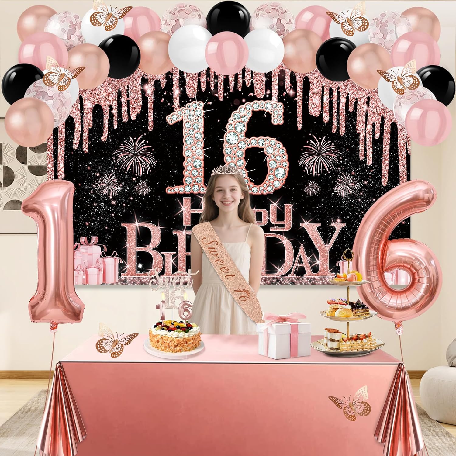 Sweet 16 Party Decorations, 49pcs Black Rose Gold Black Banner, Tablecloth, Butterfly Decor, Sweet 16 Sash and Tiara, Cake Topper, Candles, Balloons Arch