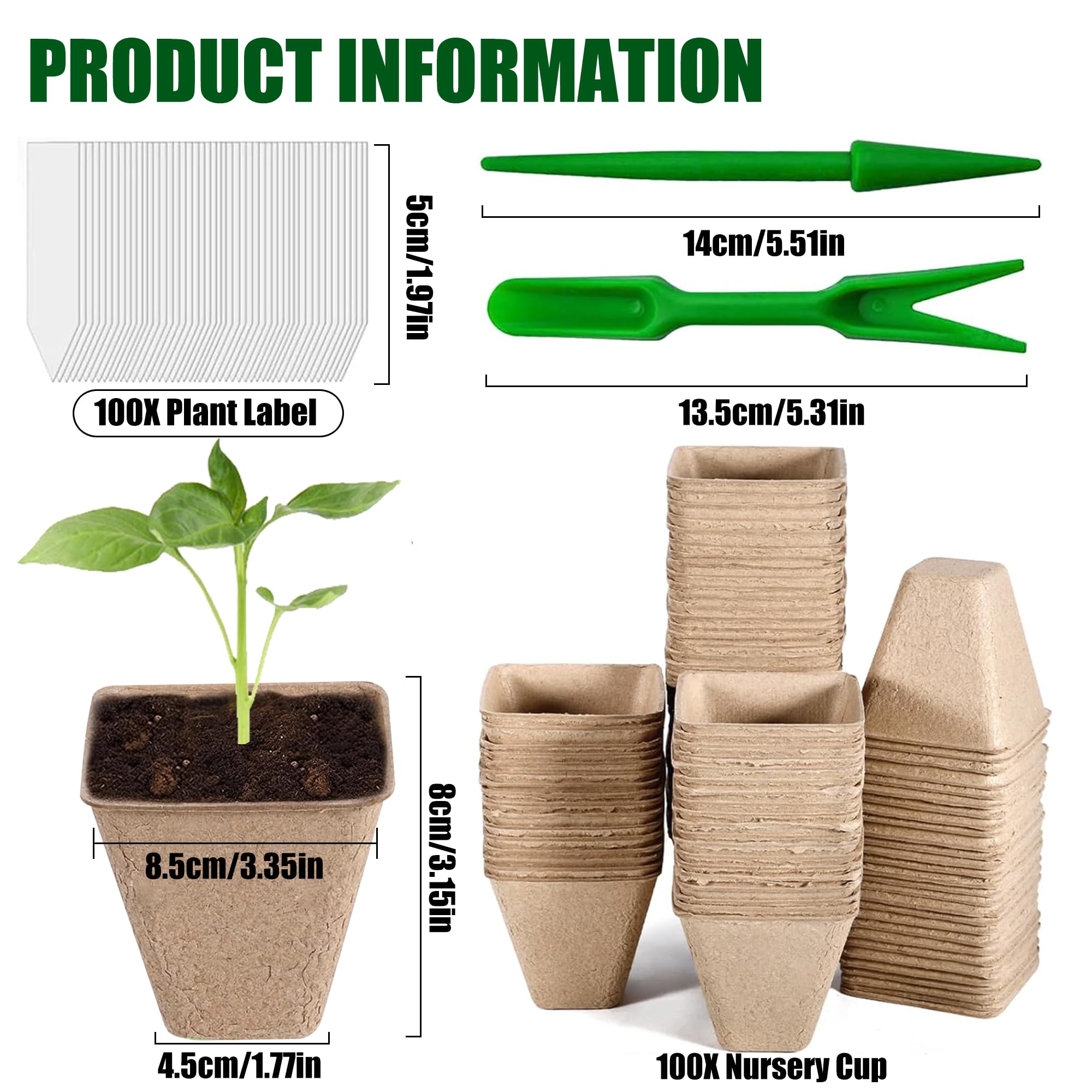 Pots Biodégradables,100 Pièces 8 CM Pot de Semis de Plante,avec 100 étiquettes de Plantes +2Pcs Outils de Repiquage,Peti Pots pour Plantation Graine Fleurs