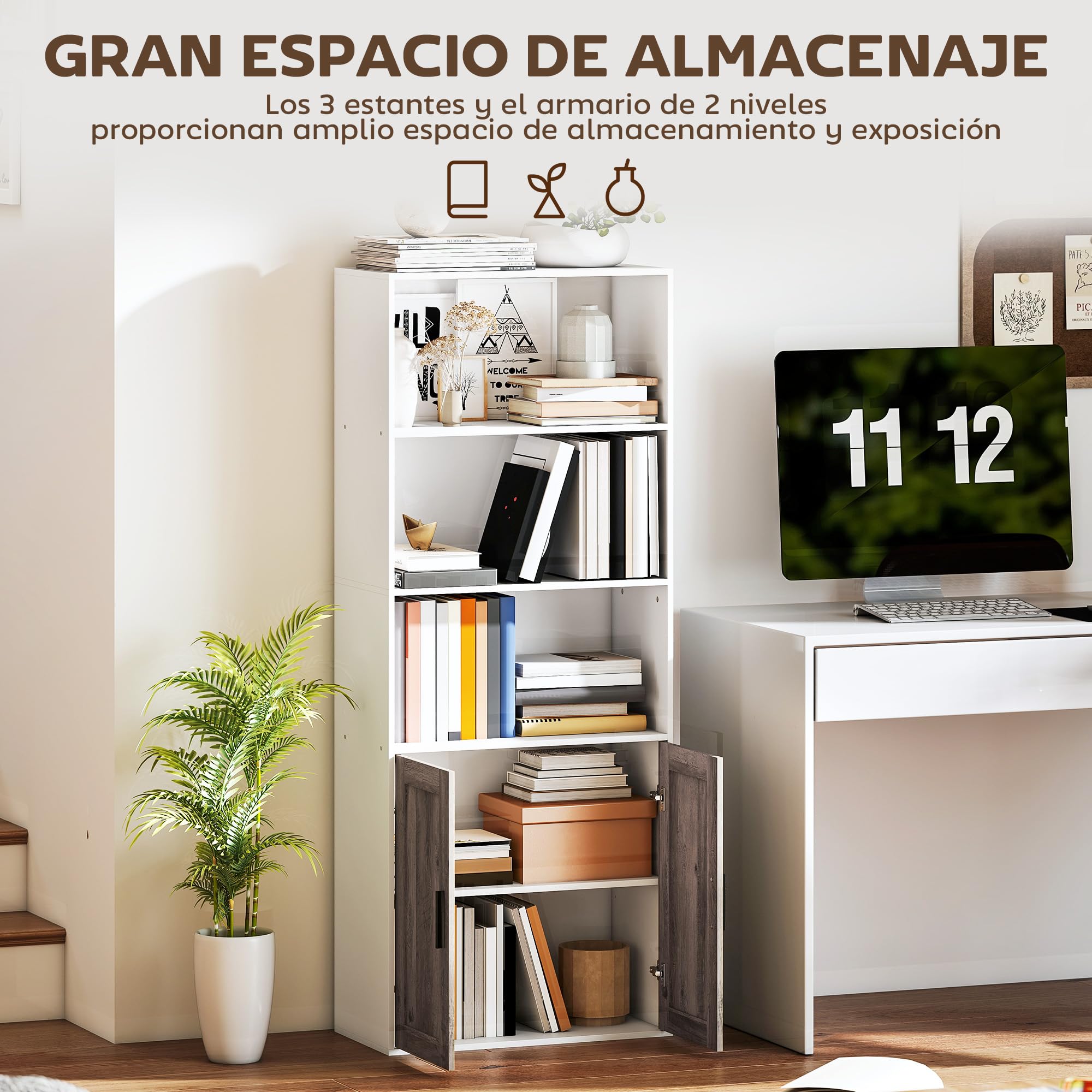 HOMCOM Estantería para Libros Estrecha 60x30x149,5 cm Blanco y Marrón | Librería con Puertas, Estantes Abiertos, Armario con Balda Ajustable, para Salón, Estudio, Oficina