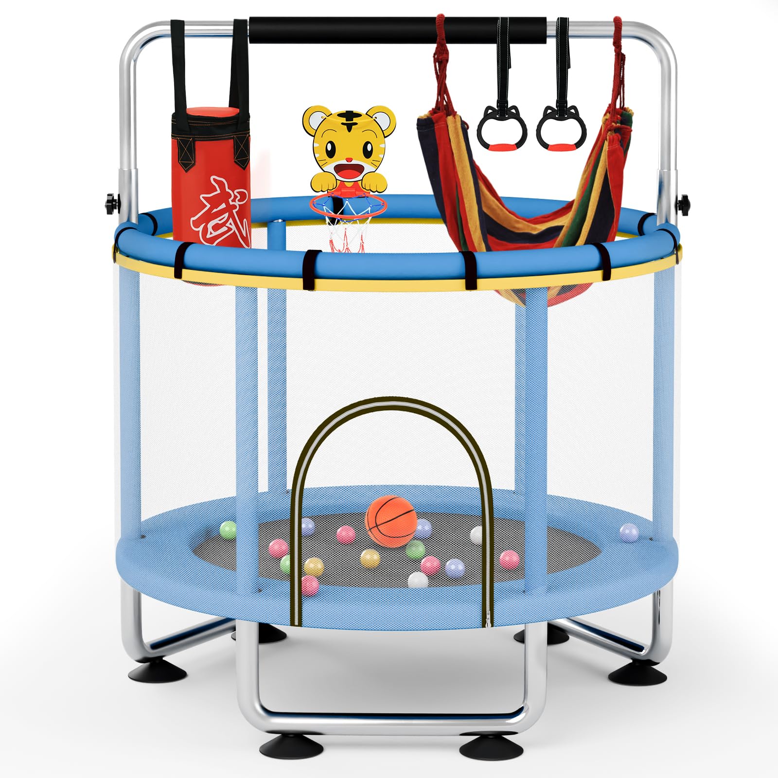 Trampolino per Bambini, Trampolino per Bambini da 150cm per Interni/Esterni, Barra da Ginnastica Regolabile, Capacità 250KG, Rete Protezione/Canestro da Basket/Amaca/Sacco Boxe