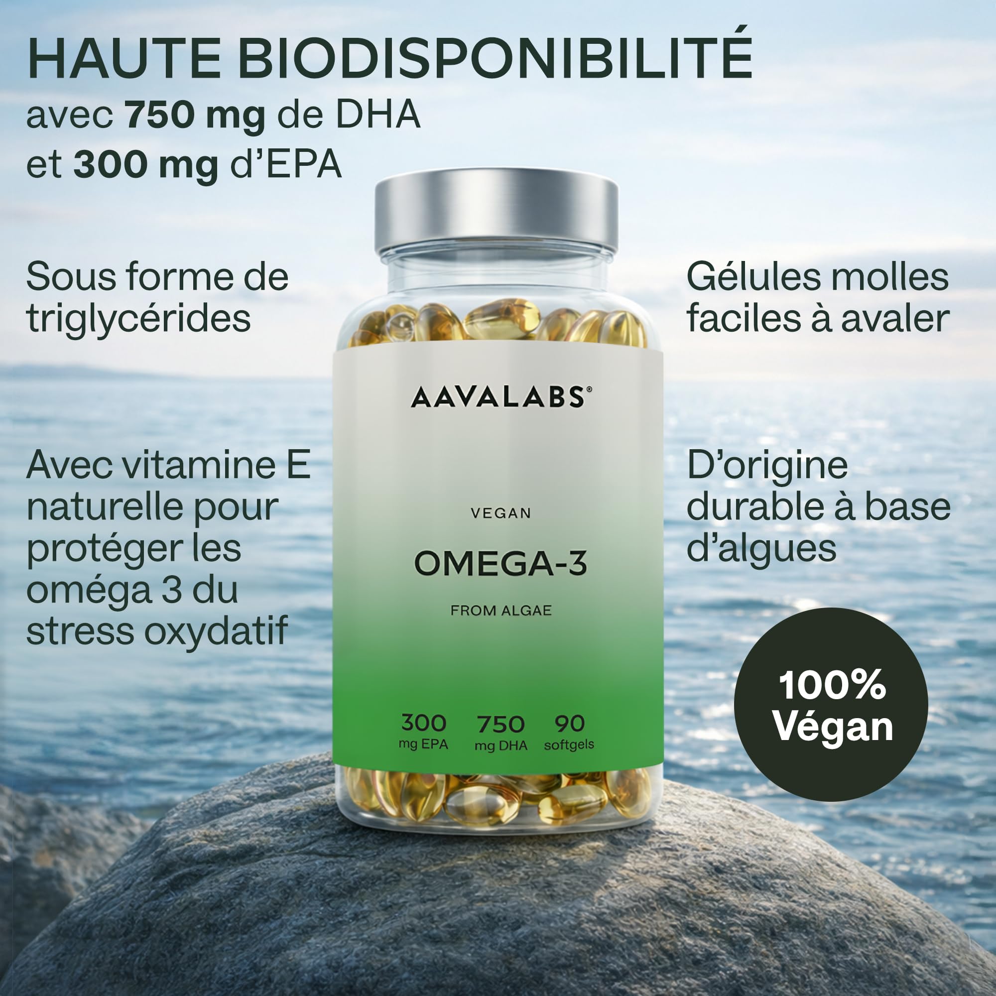 Omega 3 Vegan [1500mg] Oméga 3 d'Huile d'Algue d’Origine Durable Hautement Dosé 750mg DHA + 300mg EPA par Dose - Complément Alimentaire Omega3 100% Végétalien - 90 Gélules