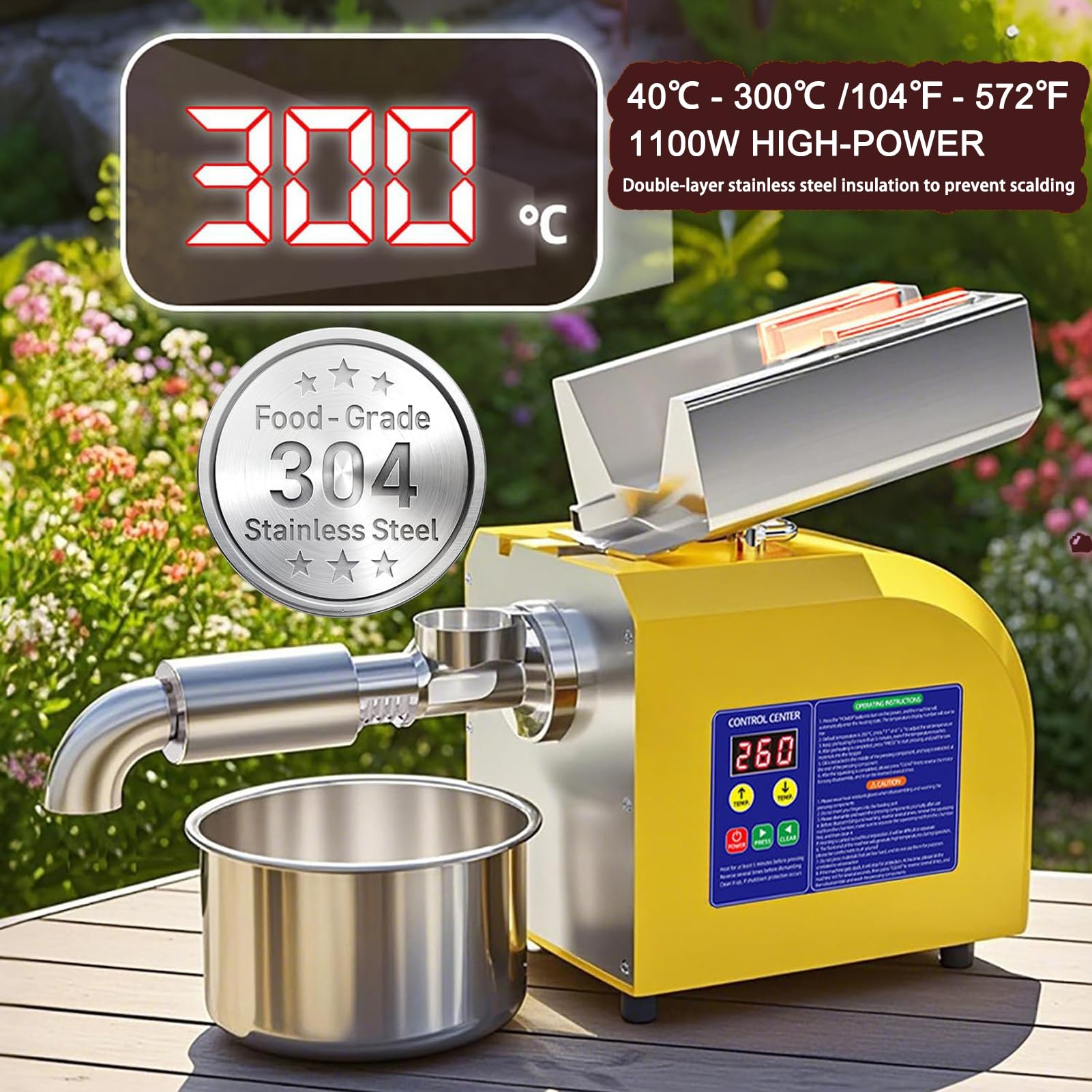 Prensa de Aceite Automática 1100W Eléctrica, Trituradora de Aceitunas Hueso, Termostato Digital Ajustable, Uso Doméstico y Comunitario