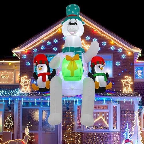 Decoración inflable de oso polar de 8 pies / 2.4 metros sentado en el techo con luces LED y luces caleidoscópicas, adecuada para decoraciones de
