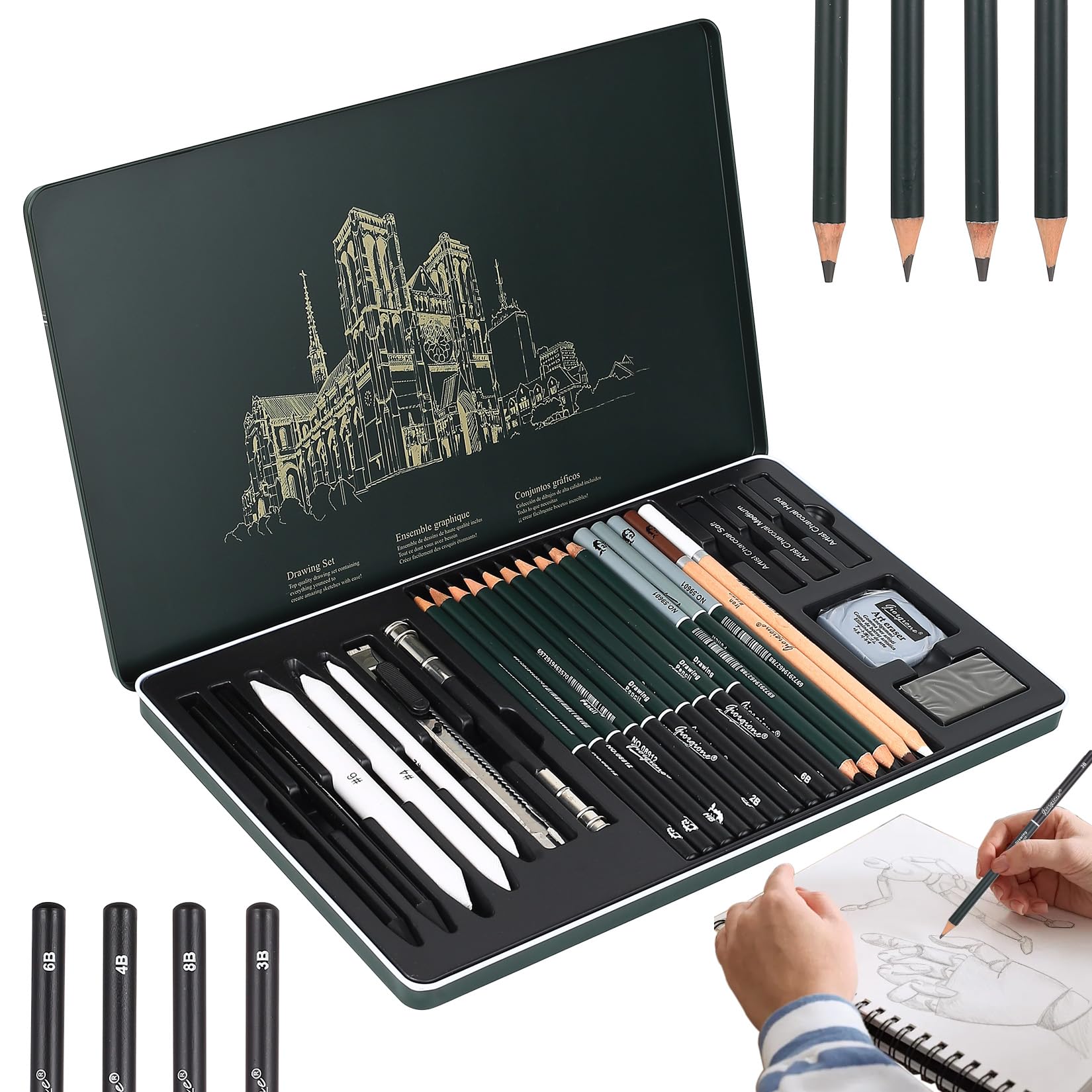 KALOUR PDAS Set da disegno da 58 pezzi, con album a 3 colori, quaderno A5, tutorial, matite in grafite e carboncino, kit professionale per artisti, adulti
